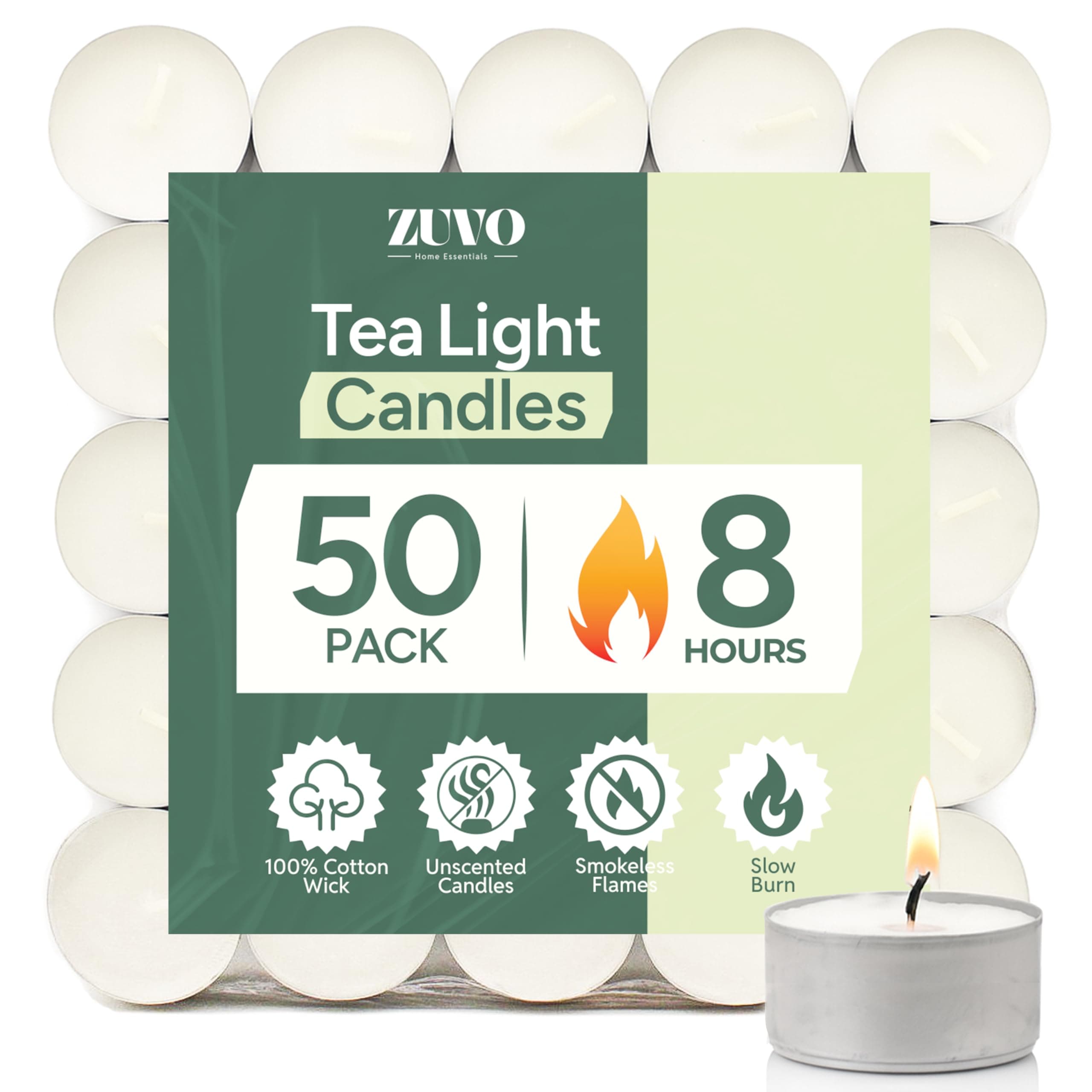 Zuvo 8-Hour Unscented Tea Light Candles (50-Pack) - Long-Lasting with Cotton Wicks, Clean Burning, 3.8 x 2.3 cm, White