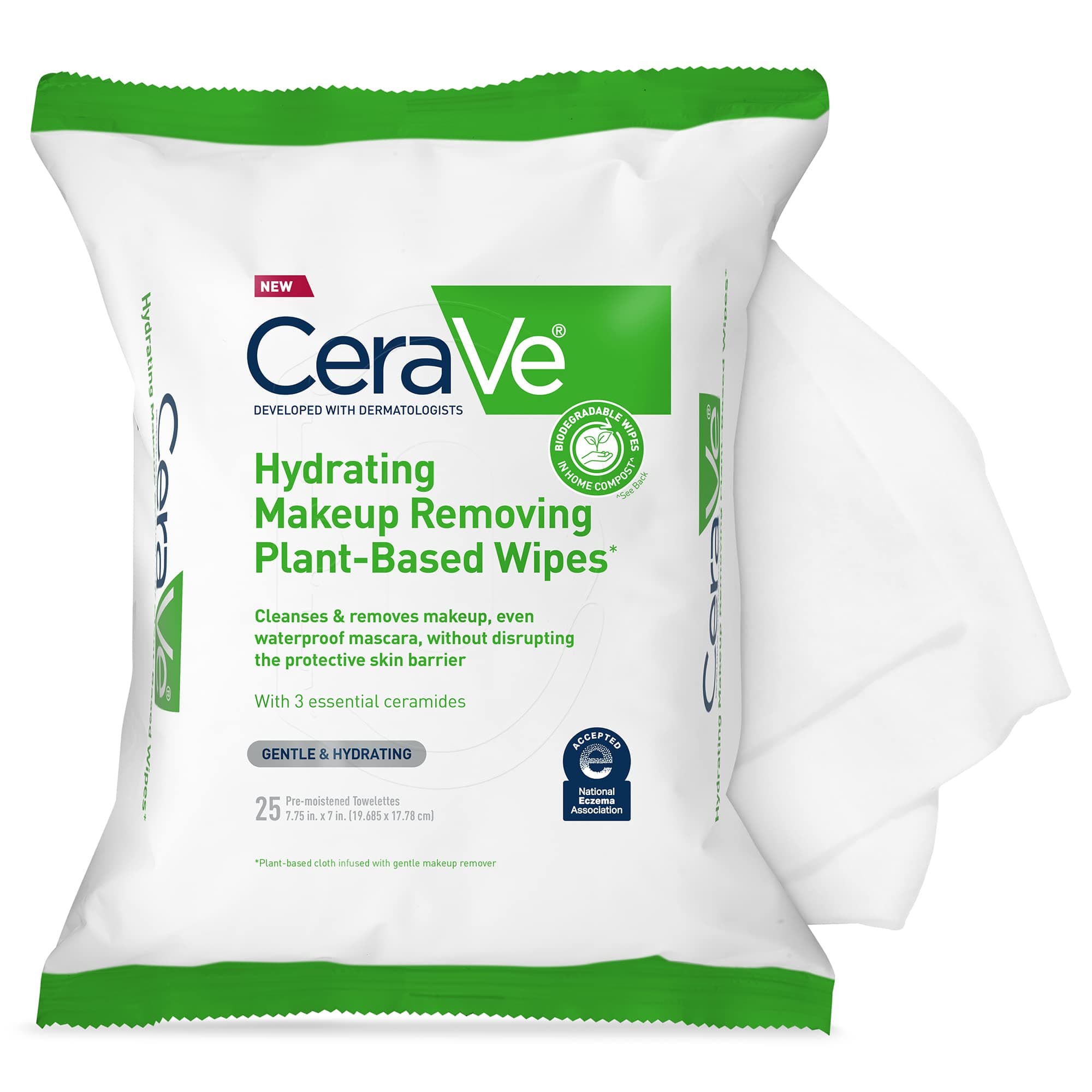 Makeup Remover Wipes, Plant Based Face Wipes, Biodegradable in Compost, Waterless Face Wash, Travel Essentials for Women, Suitable for Sensitive Skin, Fragrance-free + Non-comedogenic, 25ct