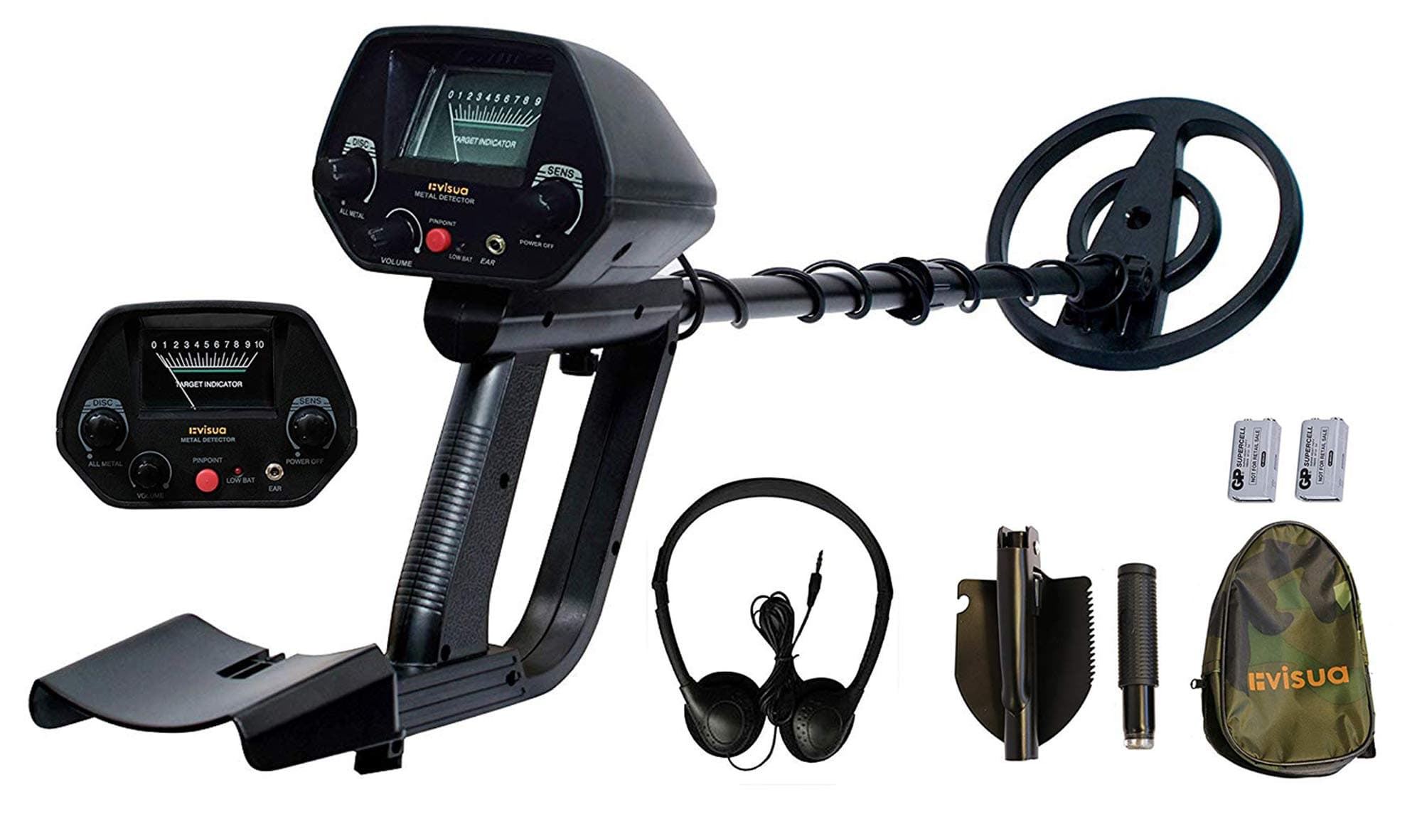 Visua Discriminating Metal Detector with built in Pinpoint function Includes Headphones, Batteries and a Folding Pick/Shovel Multitool (Detector Kit)