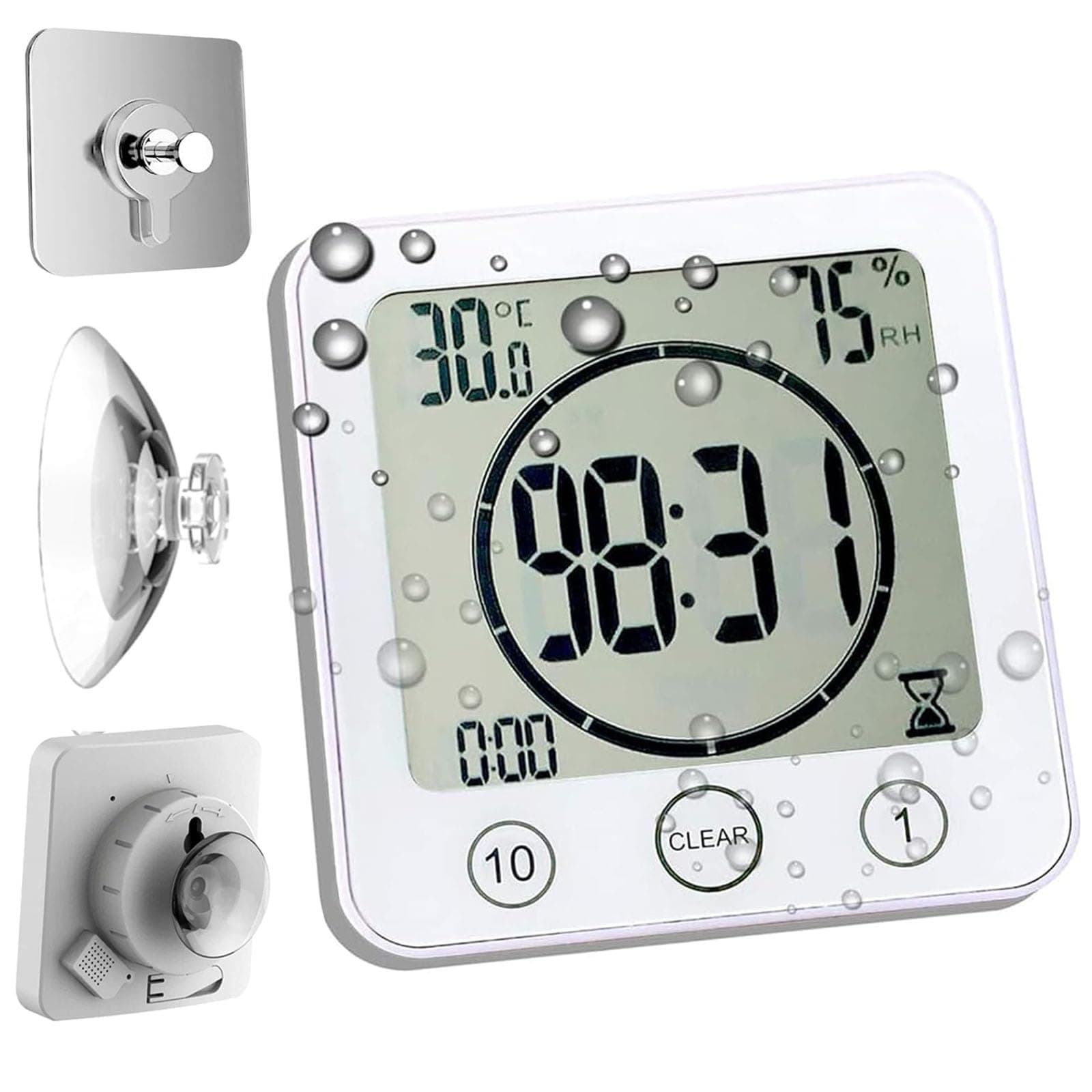 Waterproof Bathroom Wall Clock and Timer, Digital Water Resistant Hanging Timer for Shower, Large Display Kitchen Cooking Countdown Timers, Mirror Suction Clock with Temperature Humidity Meter (White)