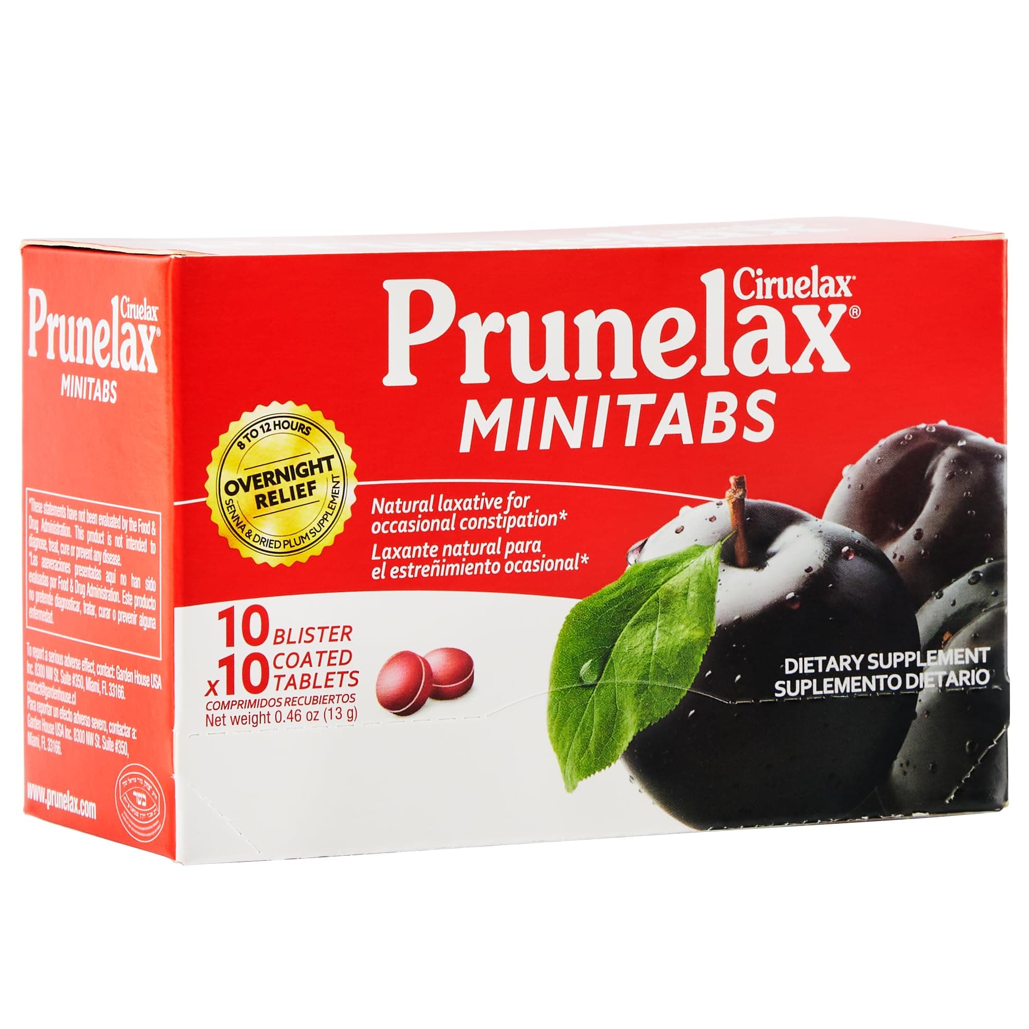 Prunelax Ciruelax Natural Laxative Regular for Occasional Constipation, Mini Tablets, Prunes, 100 Count, Red