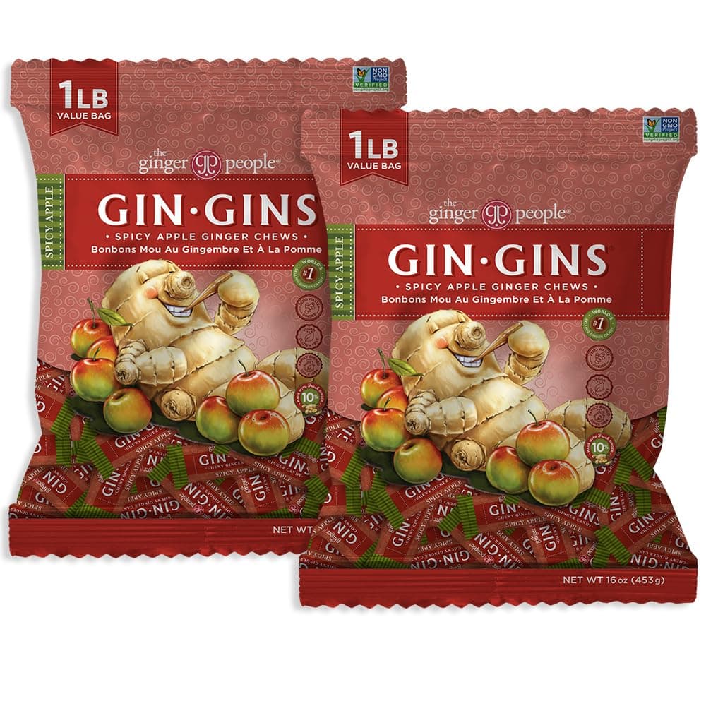GIN GINS Spicy Apple Ginger Chews – Natural Fresh Ginger Candy by The Ginger People – Individually Wrapped Healthy Candy – Spicy Apple Ginger Flavor – Large 1 lb Bag (16oz) – Pack of 2