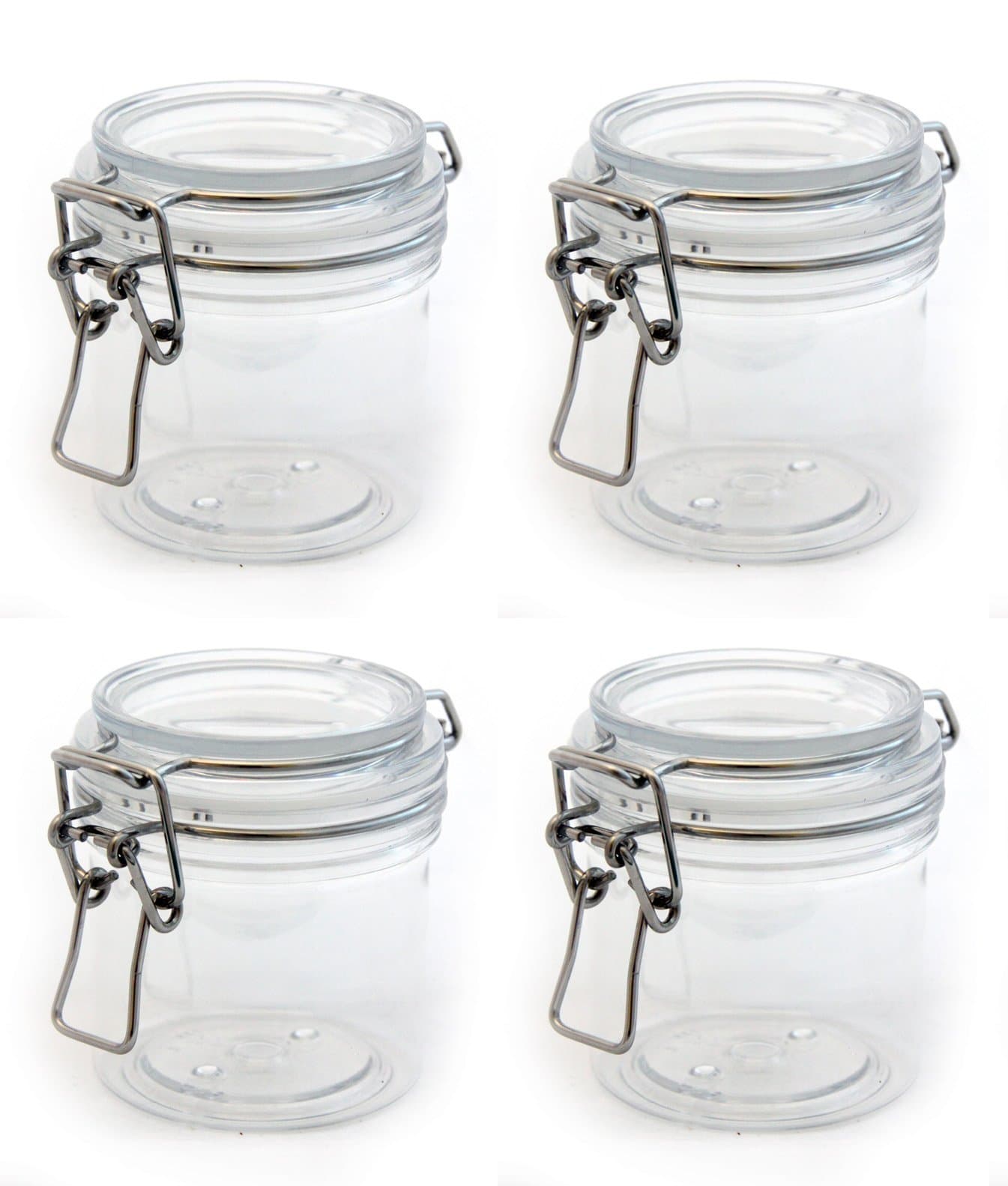 200 ml (8 Oz.) PET Plastic Kilner Style Jars, Round Clear Acrylic Storage Jars | Locking Mason Style Canister Lids, Multiple Uses, Airtight Snap on Lids with Clasp, Pack of 4