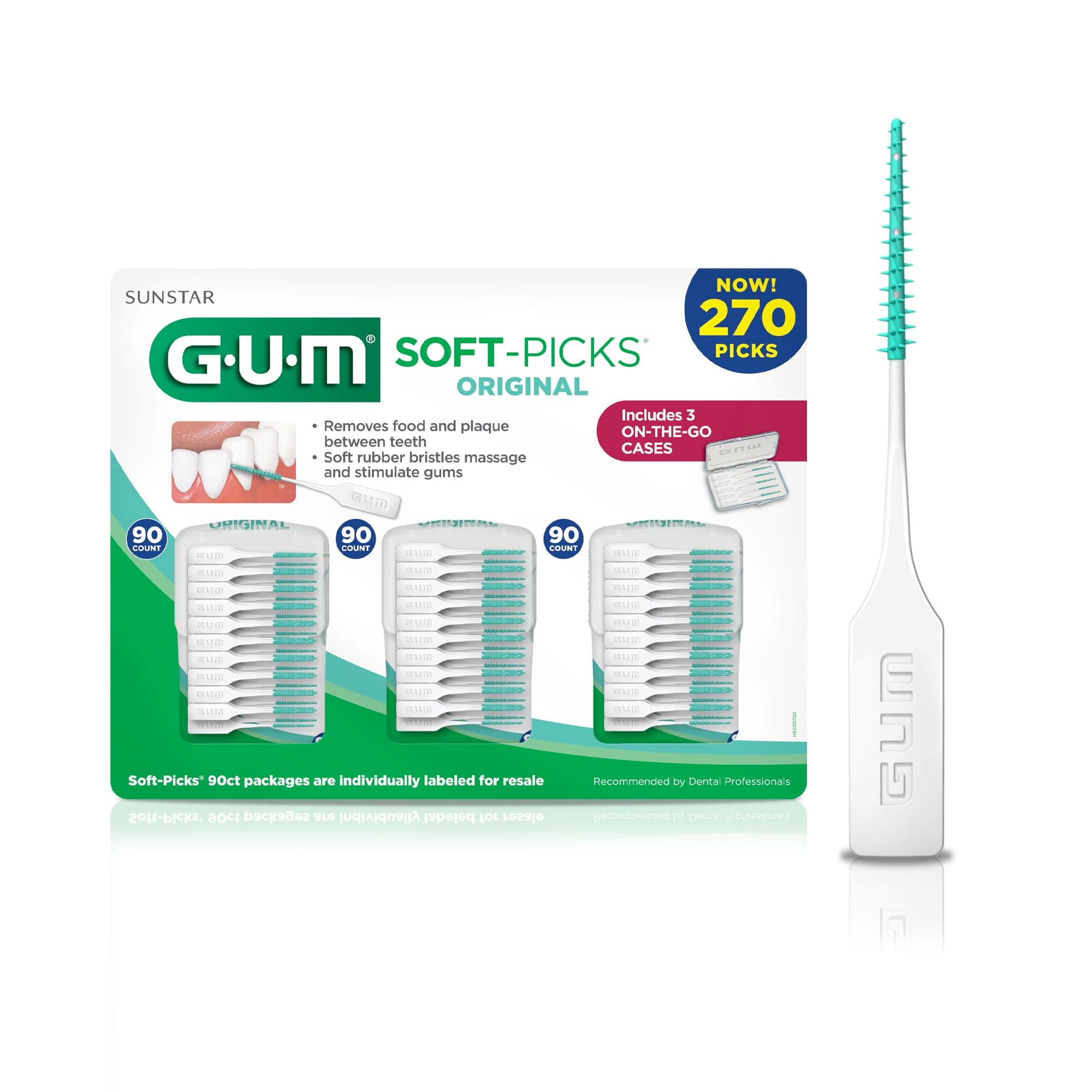 GUM Soft-Picks Original, Easy to Use Dental Picks for Teeth Cleaning and Gum Health, Disposable Interdental Brushes with Convenient Carry Case, Dentist Recommended Dental Picks, 270 Count