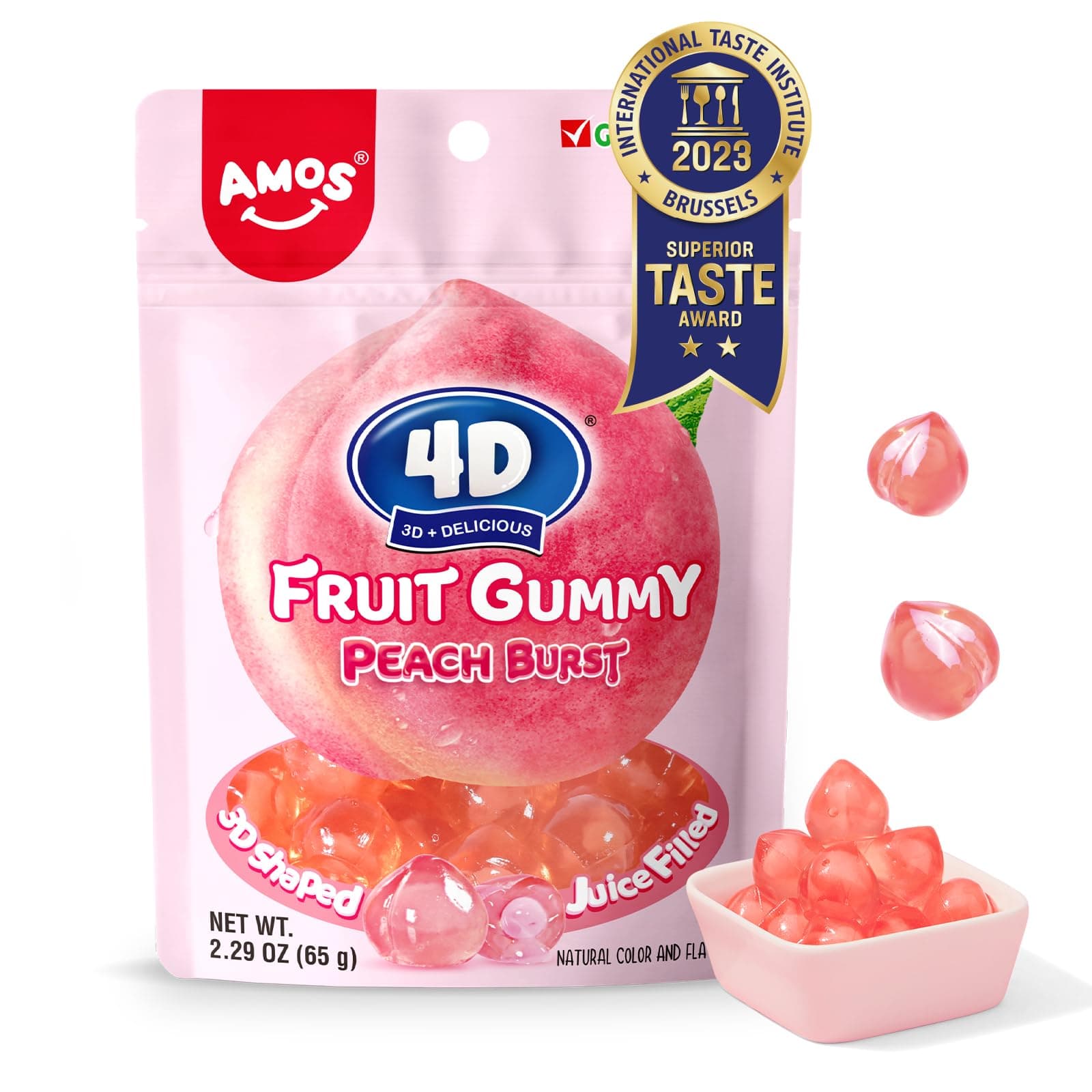 AMOS Gummy Candy 4D Fruit Gummies, Fruit Snacks Peach Burst, Natural Flavor G...