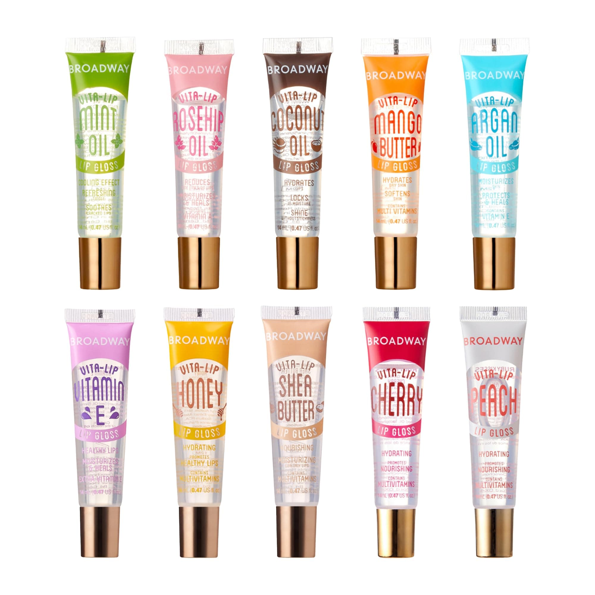 Ruby Kisses Broadway Vita-Lip Clear Lip Gloss (10 Pack), Hydrating & Soothing Formula with Vitamin, High-Shine Non-Sticky Lip Balm with Mint, Rosehip, Coconut, Mango, Argan, Honey, Shea, Cherry, Peach