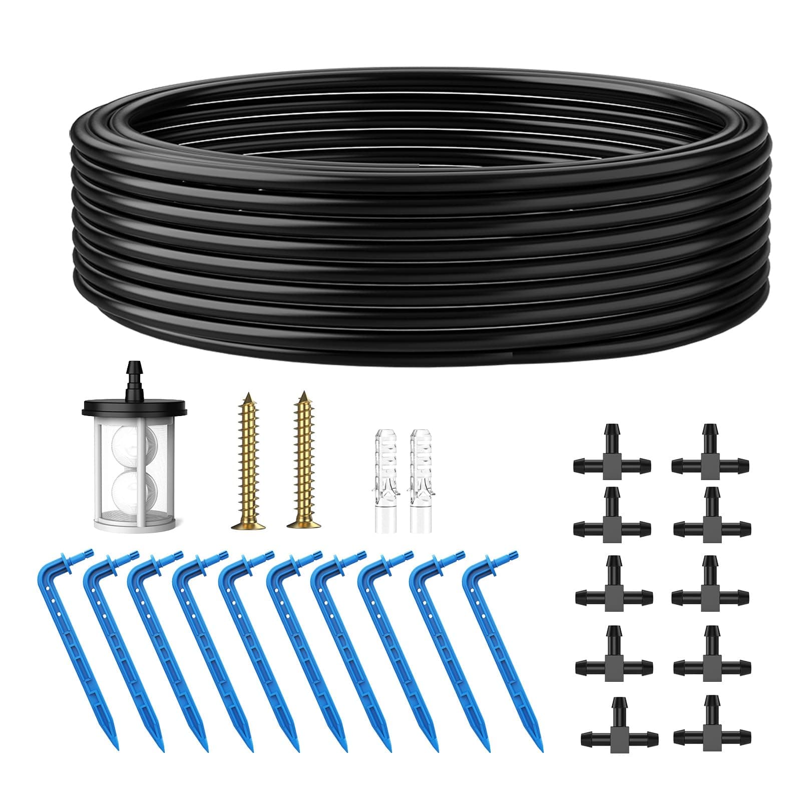 AnseTo Solar Irrigation System Accessories with 10M Hose / 10 Drip Plugs / 10 T-Connectors/Filter,for Plant Watering Devices Accessories for Potted Plants,Irrigation System Kit Accessories