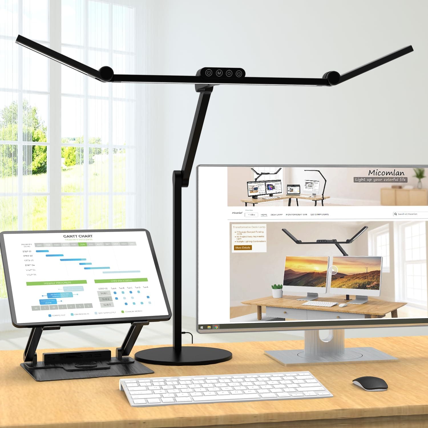 Architect Desk Lamp with Atmosphere Lighting, Adjustable Led Desk Light for Home Office with Base, 24W Bright Auto Dimming Table Light with Rotatable Swing Arm for Workbench Computer