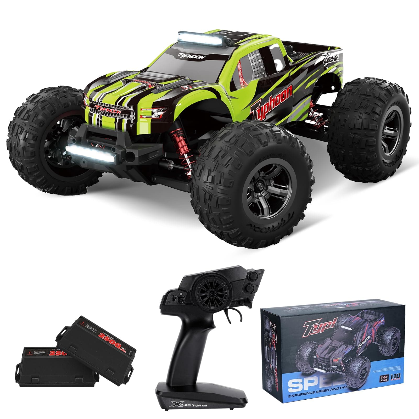 ITEFDTUTNE 1:10 Off-Road All Terrain Remote Control Car, RC Monster Truck, Max 43 Km/H High Speed 4WD Electric RC Cars with 2.4 GHz Remote Control and 2 Lipo Batteries for Kids Adults Boys Gifts