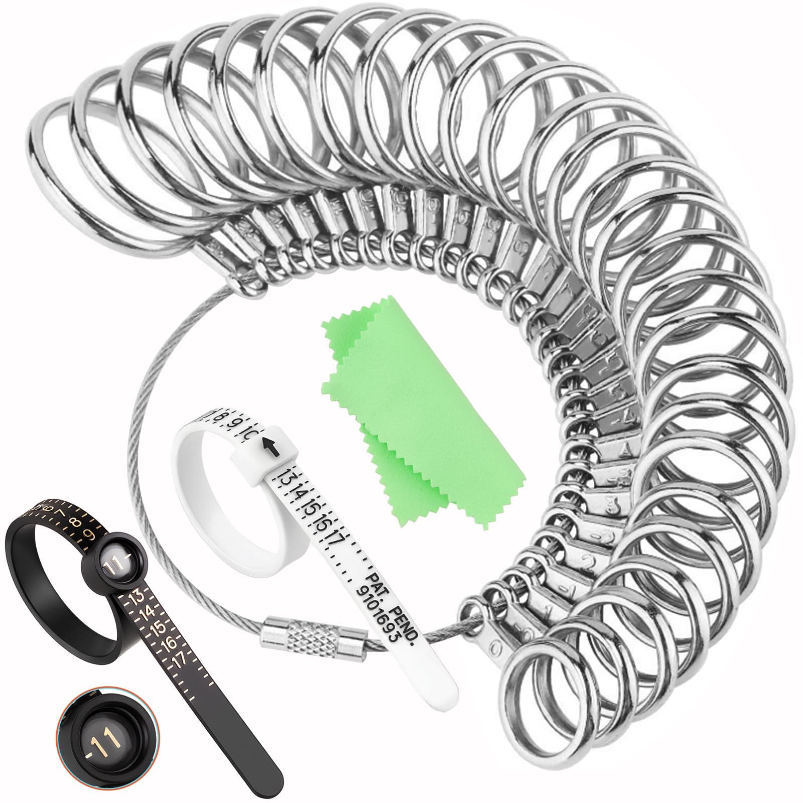 Ring Sizer Measuring Tool Kit, 27PCS Stainless Steel Ring Sizing Gauge Measurer, US Size 0-13 with Half Sizes, 2 Reusable Finger Sizer Belts US 1-17(1 with Magnifier), Men Women Wedding Jewelry