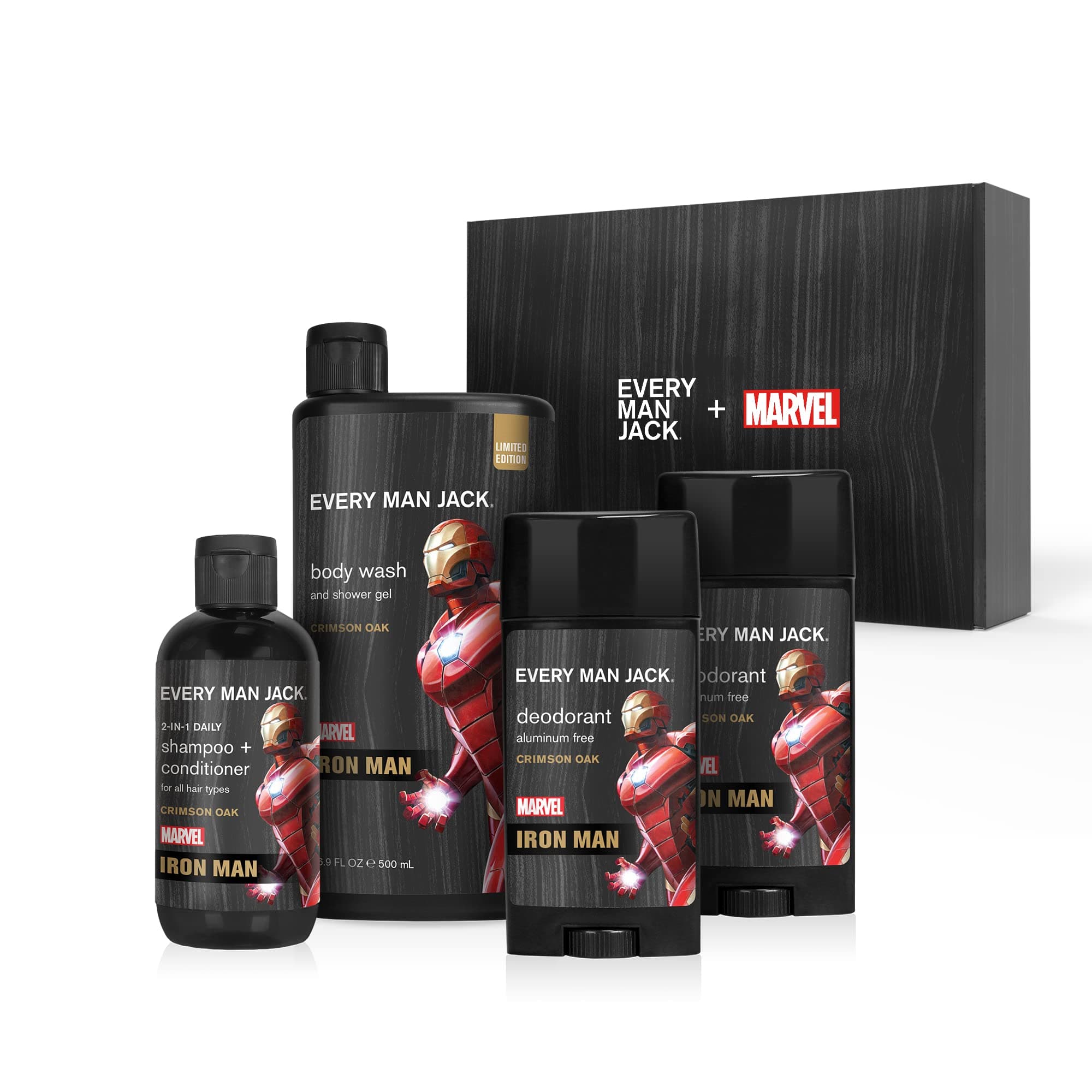 Every Man JackIron Man Body Set - Perfect for Every Guy & Marvel-Lover - Bath and Body Marvel Gift Set with Clean Ingredients & Incredible Scents - Includes Body Wash, Shampoo & Deodorant 2-Pack