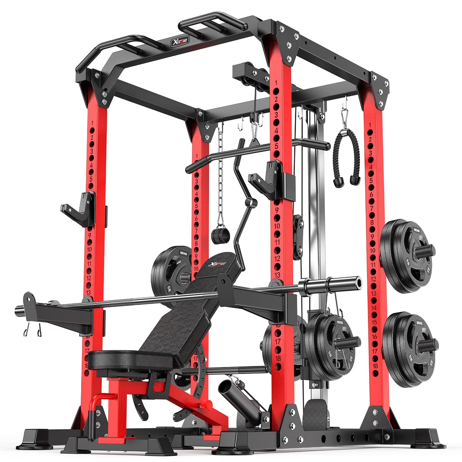 Power Cage Multi-Function Power Rack with Cable Crossover System,1800 LBS Capacity Squat Rack with Weight Bench,for Home Gym