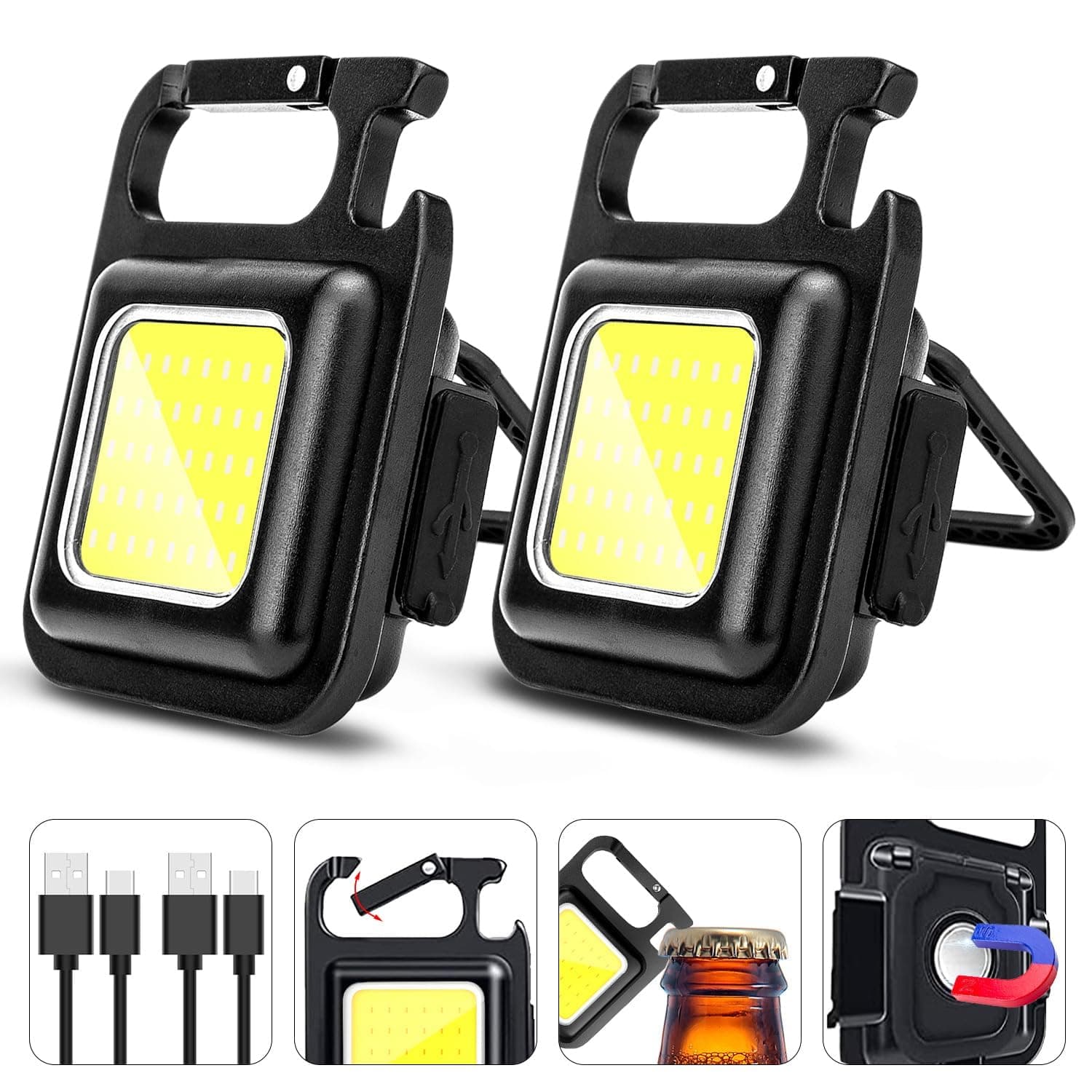 MAKDAK COB Rechargeable Keychain Flashlight 2Pack, High Lumen Super Bright LED Work Light with Magnet,Clip,Bottle Opener for Dog Walking,Car Repair, Emergency,Camping,EDC
