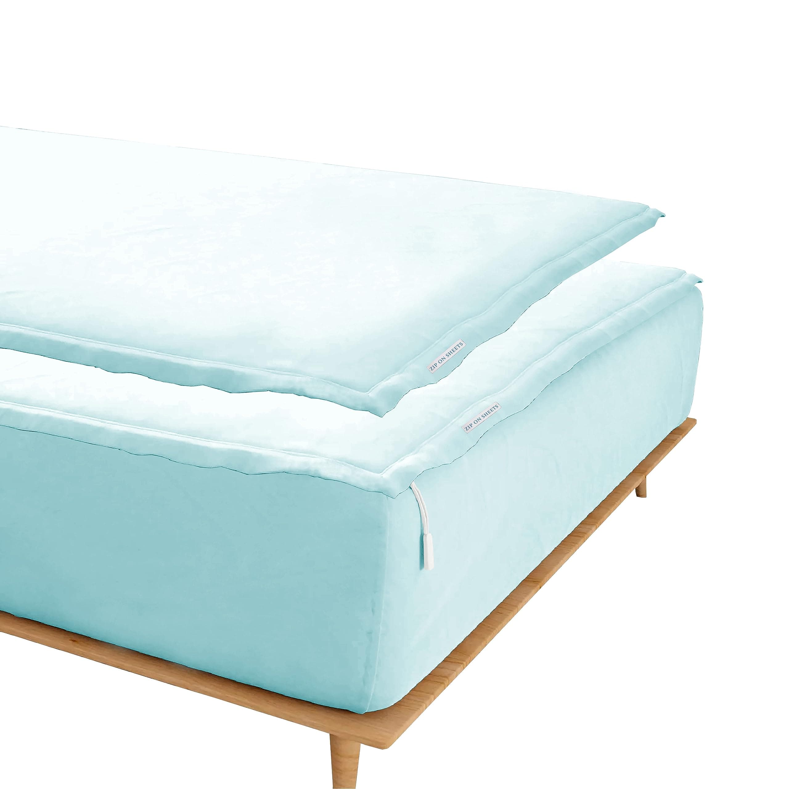 Zip On Sheets™ Zipper Fitted Sheet King Size - Upto 16” Inch Deep Pockets - Includes 1 Fitted Sheet Base & 2 Zip-On Sheets - Easy to Use, Sateen Cotton 500 TC Fitted Sheet - Aqua Blue