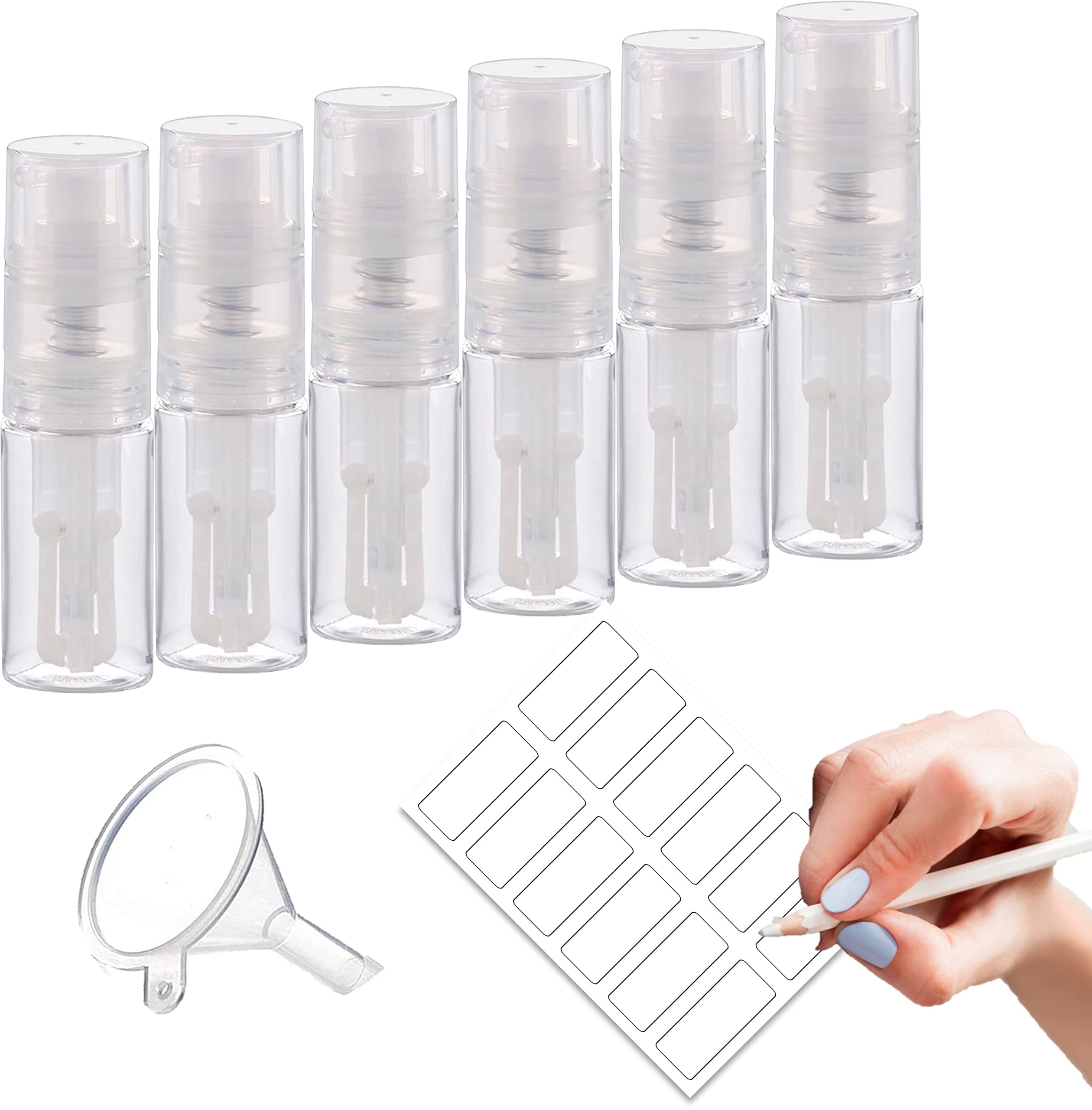 impac Luster dust spray/Glitter disco dust sprayer Bottle for cake decoration Pump dispenser 6 pack 14 ml each perfect for Glitter/Powder/Luster Dust/Dry shampoo + 12 labels + 1 mini funnels