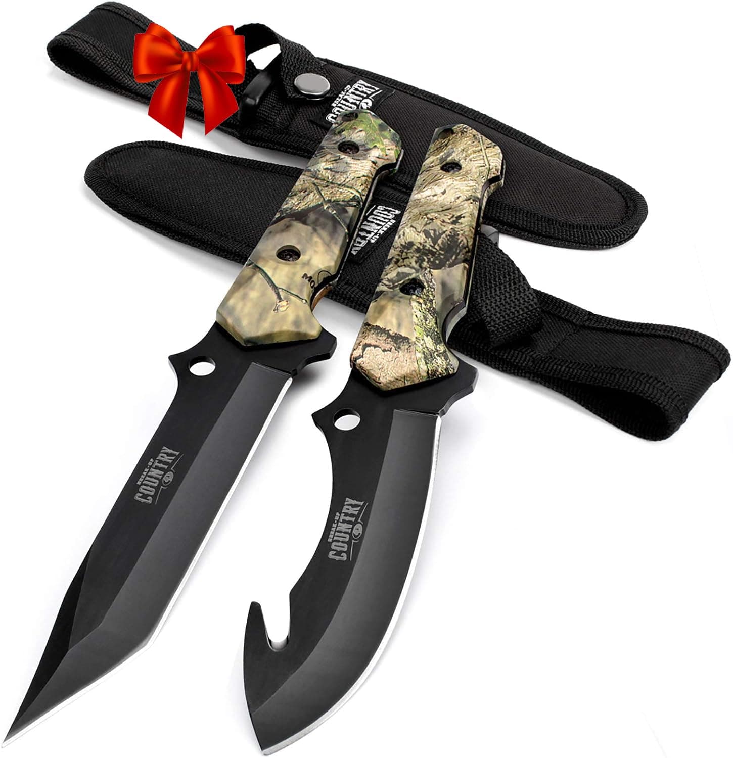 Fixed Blade Hunting Knife Set - 2 Piece, Full Tang Handle Straight Edge and Gut Hook Blades Game Processing Knife, Sheath Included - Yellow Camo