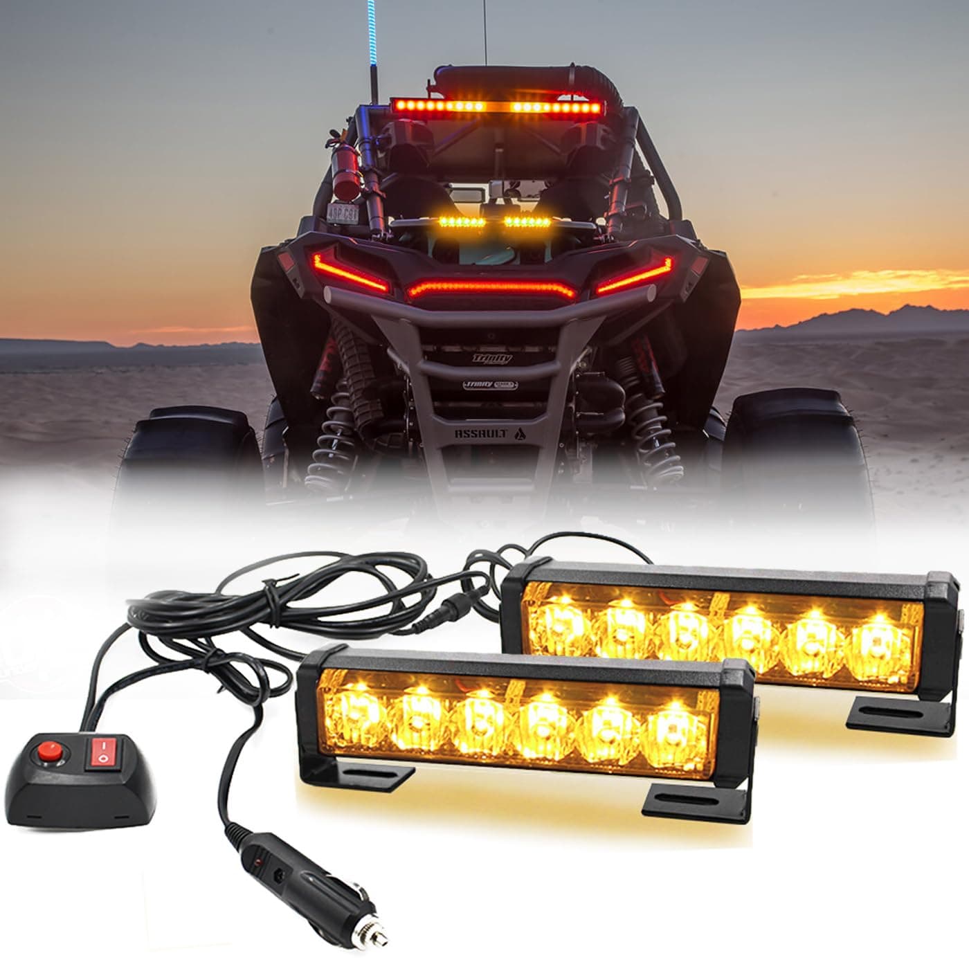 2 X 6 LED 9 Modes Traffic Advisor Emergency Warning Vehicle Strobe Lights for Interior Roof/Dash/Windshield/Grille/Deck Universal Waterproof (Amber/Yellow)