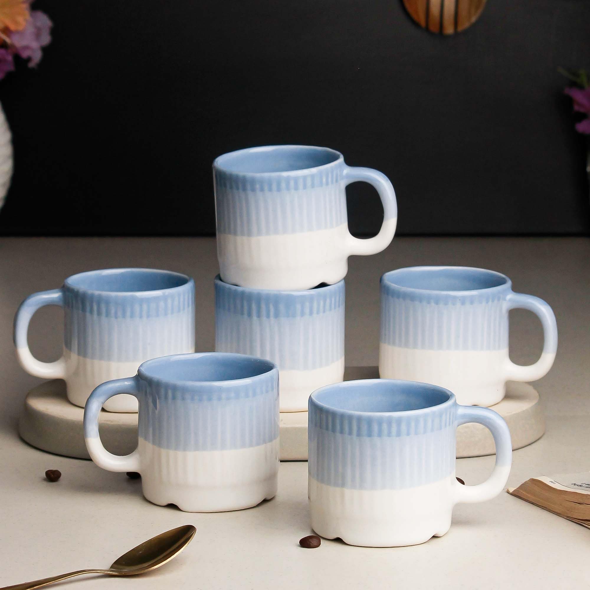 The Earth Store Tritone Sky Blue Ovule Shape Cup Set of 6 for Tea Microwave and Dishwasher Safe, Perfect for Every Occasion Capacity - 200 Ml Each - Ceramic