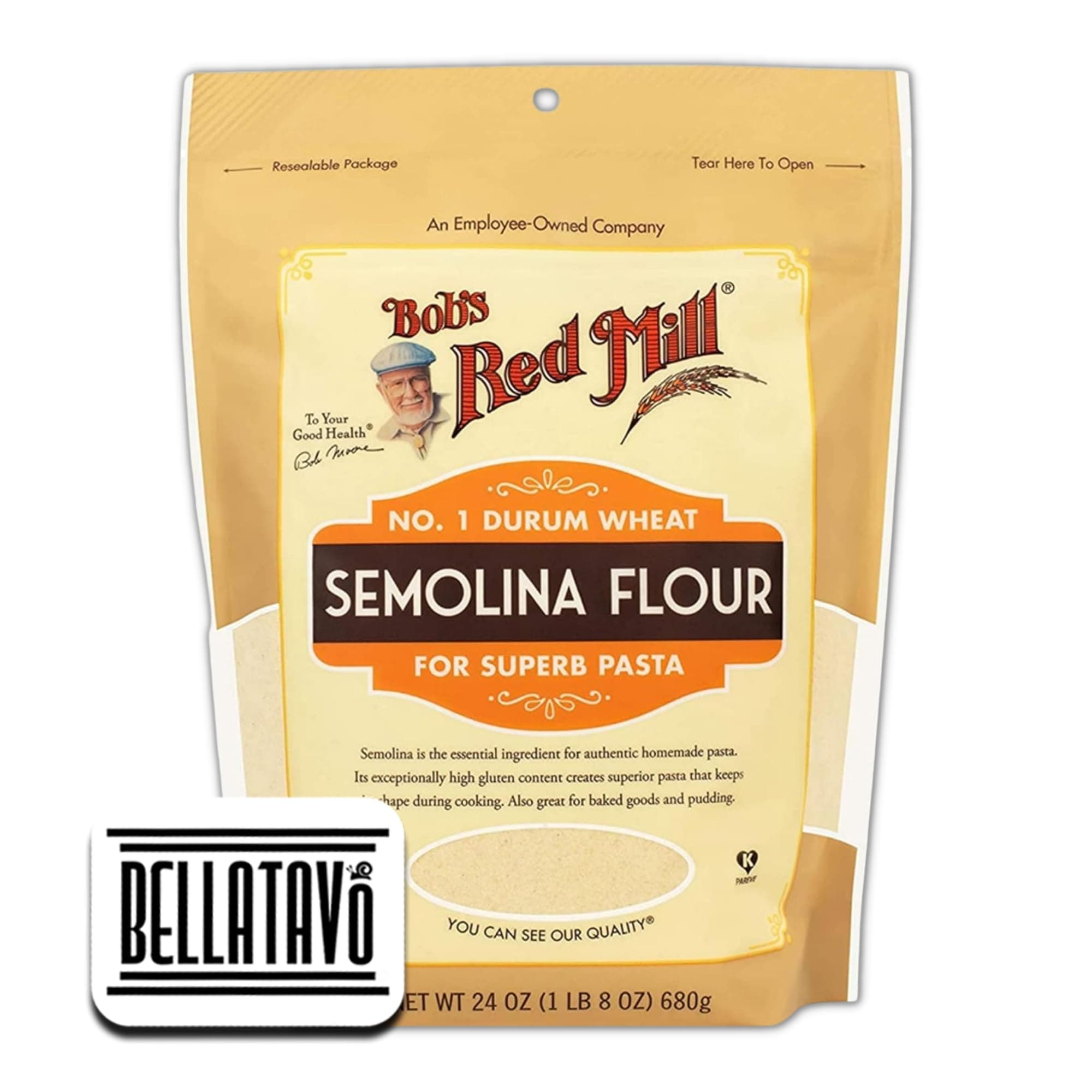 Semolina Flour Bundle. Includes One Bag of Bobs Red Mill Semolina Flour. 1 Bag has 24 oz of Bobs Red Mill Semolina Flour for Pasta! Milled from No. 1 Durum Wheat! Comes with a BELLATAVO Fridge Magnet!