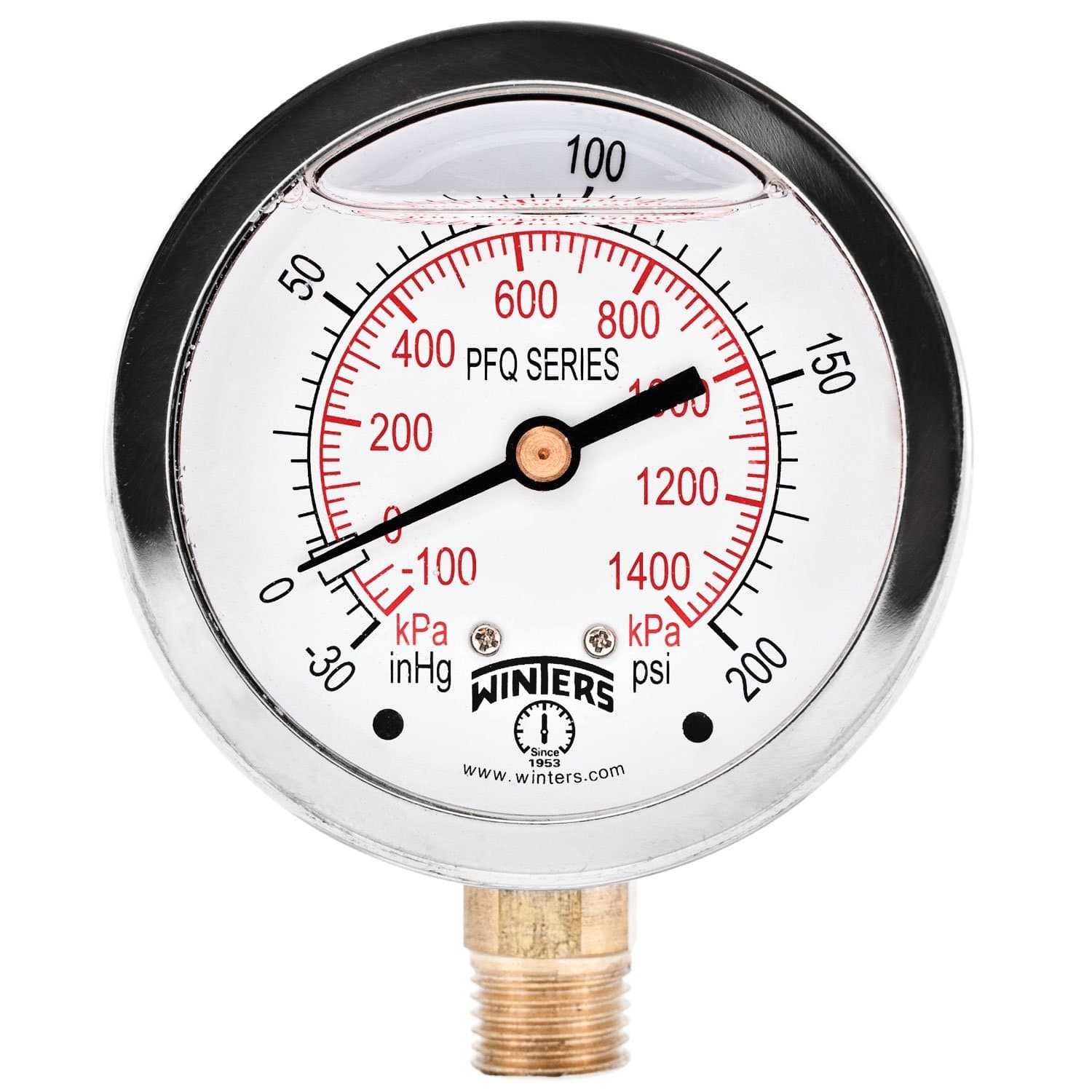 Winters 2-1/2" Dial Size, Liquid Filled Industrial Pressure Gauge, Brass Internals, Stainless Steel Case, Dual Scale 30" Hg-0-200 psi/kPa, 1.5% Acc, 1/4" NPT Bottom Mount, Pressure and Vacuum Gauge