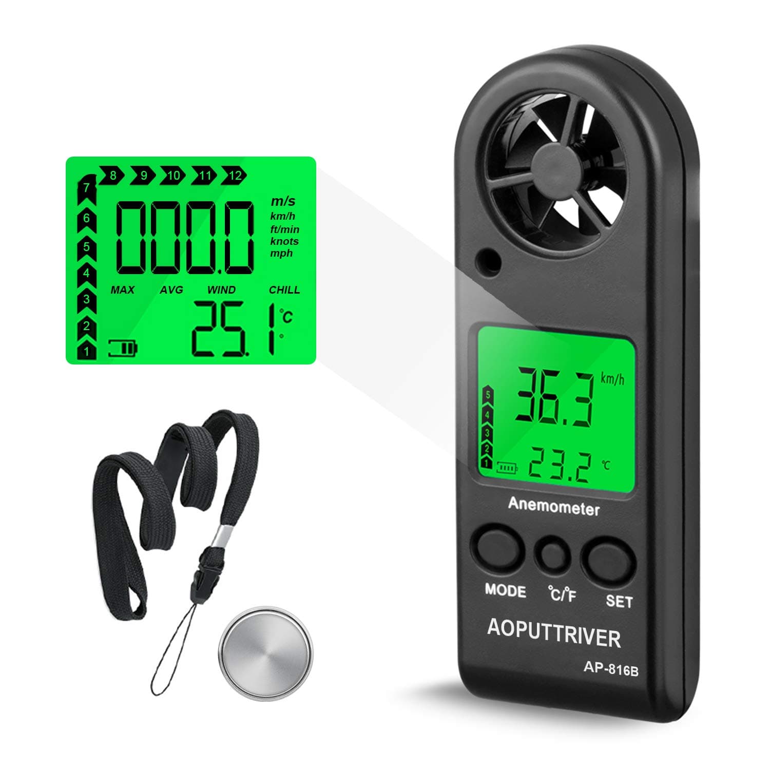 Anemometer Handheld Wind Speed Meter, AP-816B Anemometer for Measuring Wind Speed, Temperature and Max/Average, Mini Anemoeters for Windsurfing Sailing Outdoor Activities