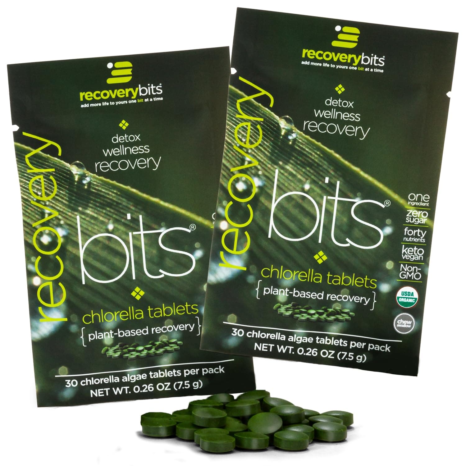 RECOVERYbits Organic Chlorella Algae Tablets, Superfood, Pure Green Algae, High Protein and Fiber, Chlorophyll, Cracked Cell Wall Non-Irradiated, for Immune Boosting and Detox, Non-GMO, 60 Tablets