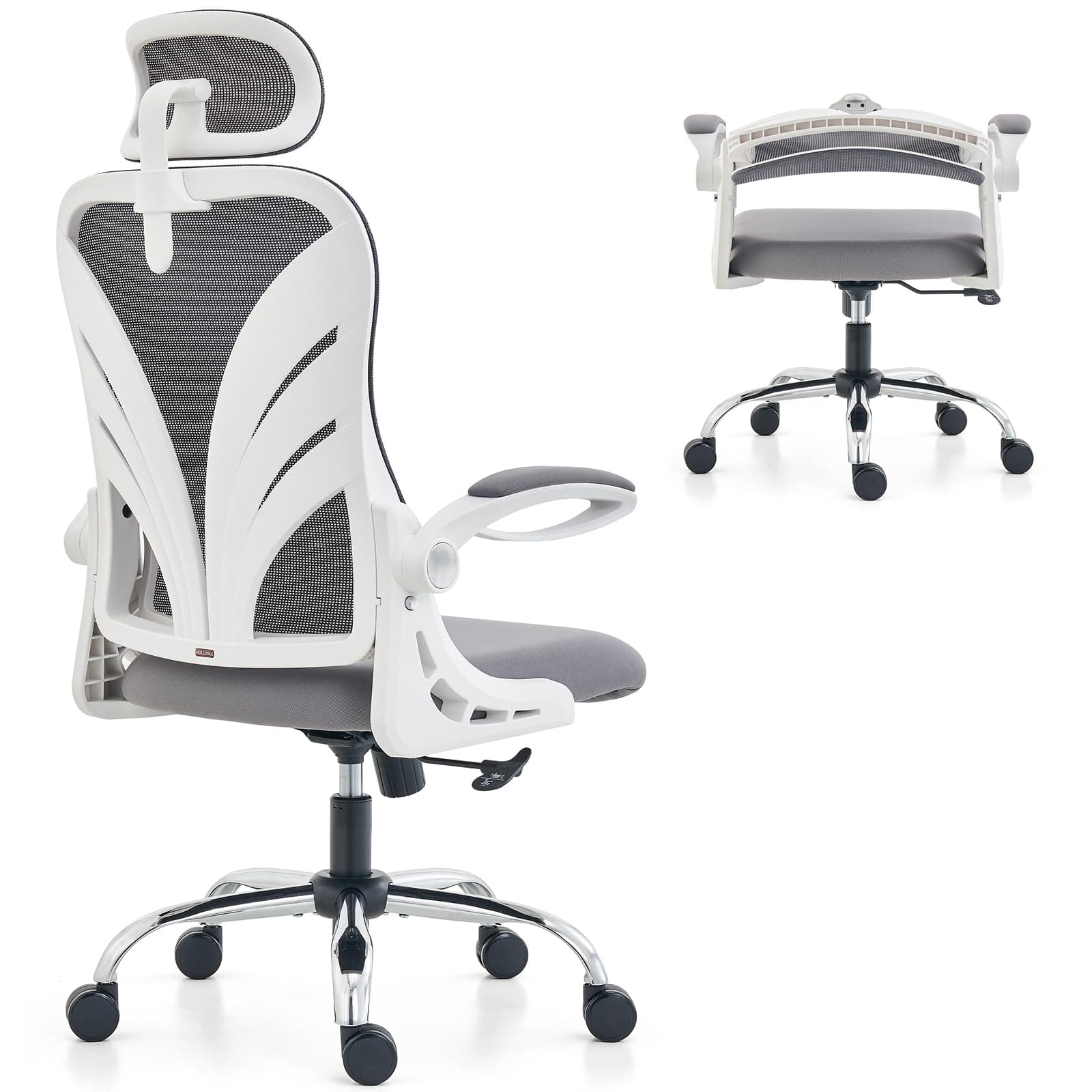 – HOLLUDLE Office Chair with Folding Backrest, Ergonomic Computer Chair with 2D Headrest, Folding Armrests and Mesh Lumbar Support Office Seat, White