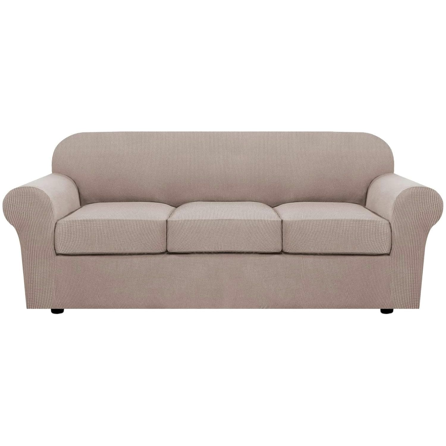 4 Piece Stretch Sofa Covers for 3 Cushion Couch Covers for Living Room Slipcovers (Base Cover Plus 3 Seat Cushion Covers) Upgraded Thicker Jacquard Fabric (Sofa, Sand)