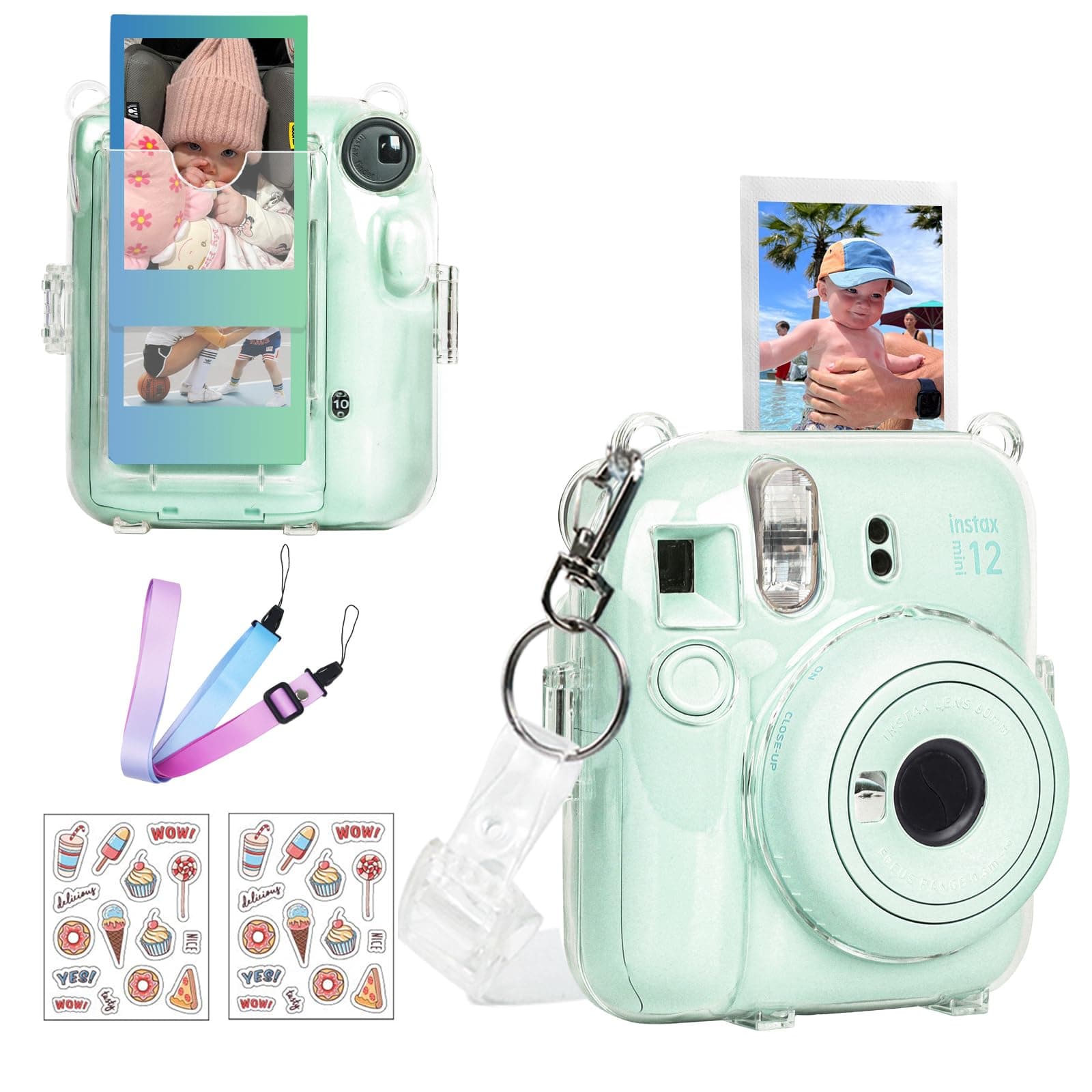 CAIYOULE Mini 12 Clear Case - Protective Camera Case Compatible For Fujifilm Instax Mini 12, Rigid PC Camera Case with Photo Storage, with 2 Straps and Stickers (No Camera)