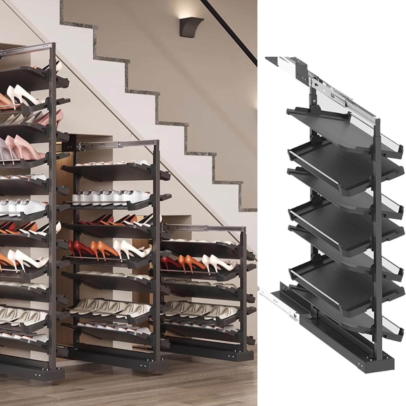 Pull-Out Shoe Rack Organizer for Closet Shoe Cabinet,Adjustable Height Retractable Metal Stackable Shoe Rack, Vertical Shelf Organizer for Small Bedroom Closet, Space Saving Storage, Black(63cm,7 Tier