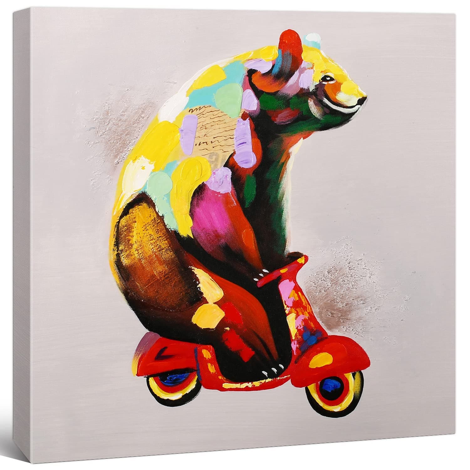 Modern Animal Pop Art - Framed - Bear on Tiny Motorcycle Canvas Print Home Decor Wall Art, Gallery Wrap Inner Frame, 24x24