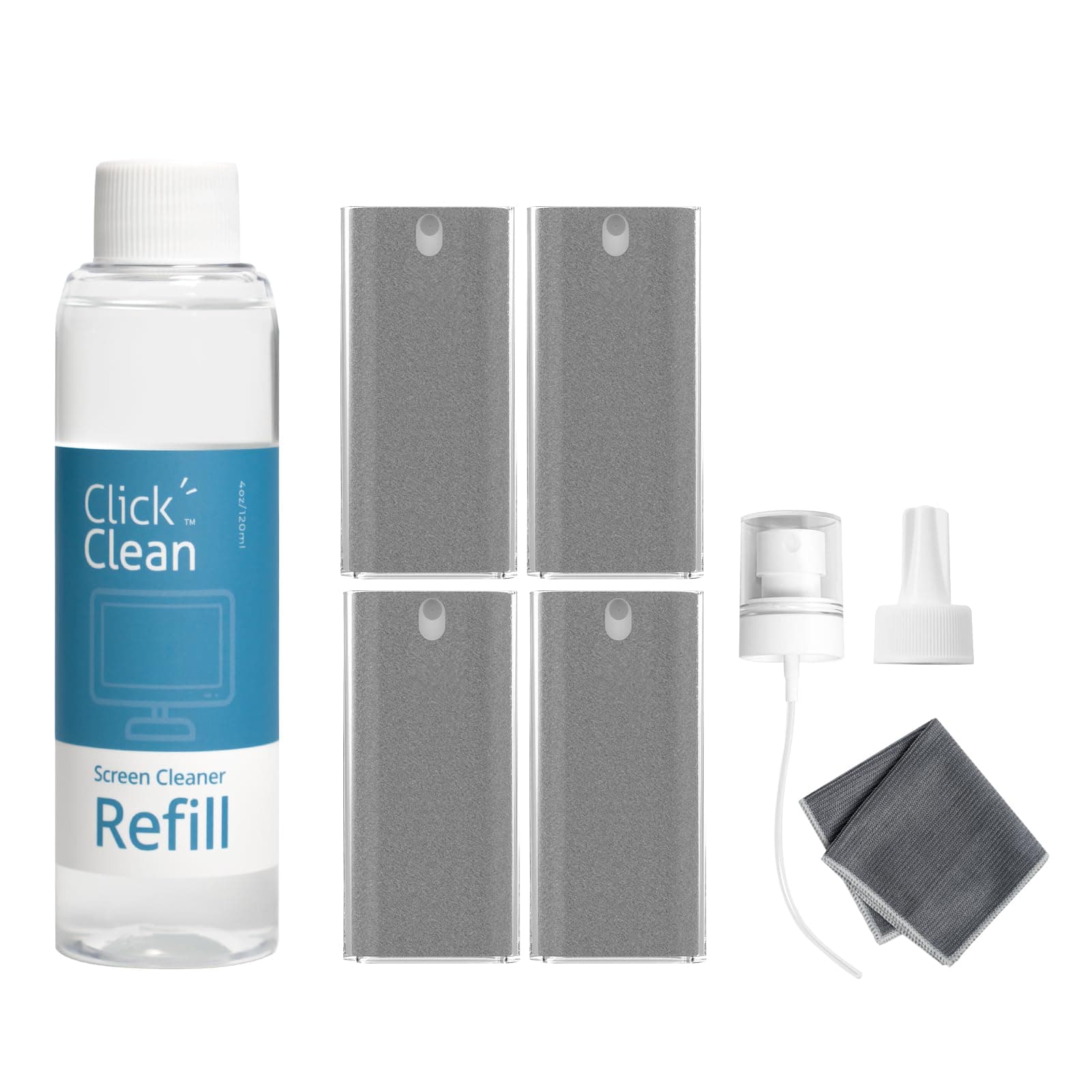 Click Clean Screen Cleaner Kits - 4 All-in-One Mist Cleaner with 4 oz Refill, 1 Microfiber Cloth(7.8 x 7.8in), 1 Mini Funnel, and 1 Sprayer - for All Phones, Laptop and Tablet Screens