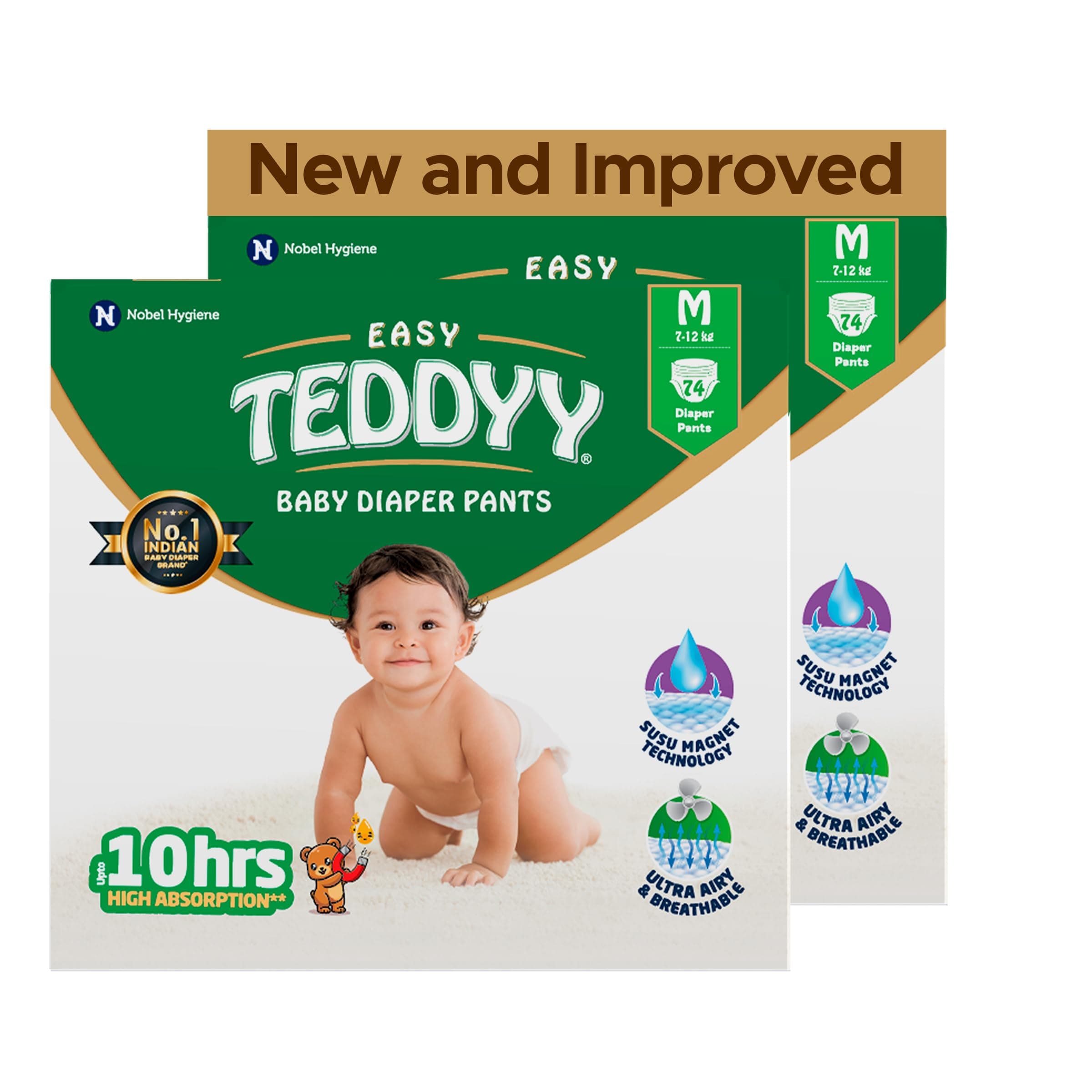 TEDDYY Baby Easy Medium Diaper Pants 148 Count (Pack of 2), 7-12 kgs, 10 hrs Leak Protection, Anti - Bacterial