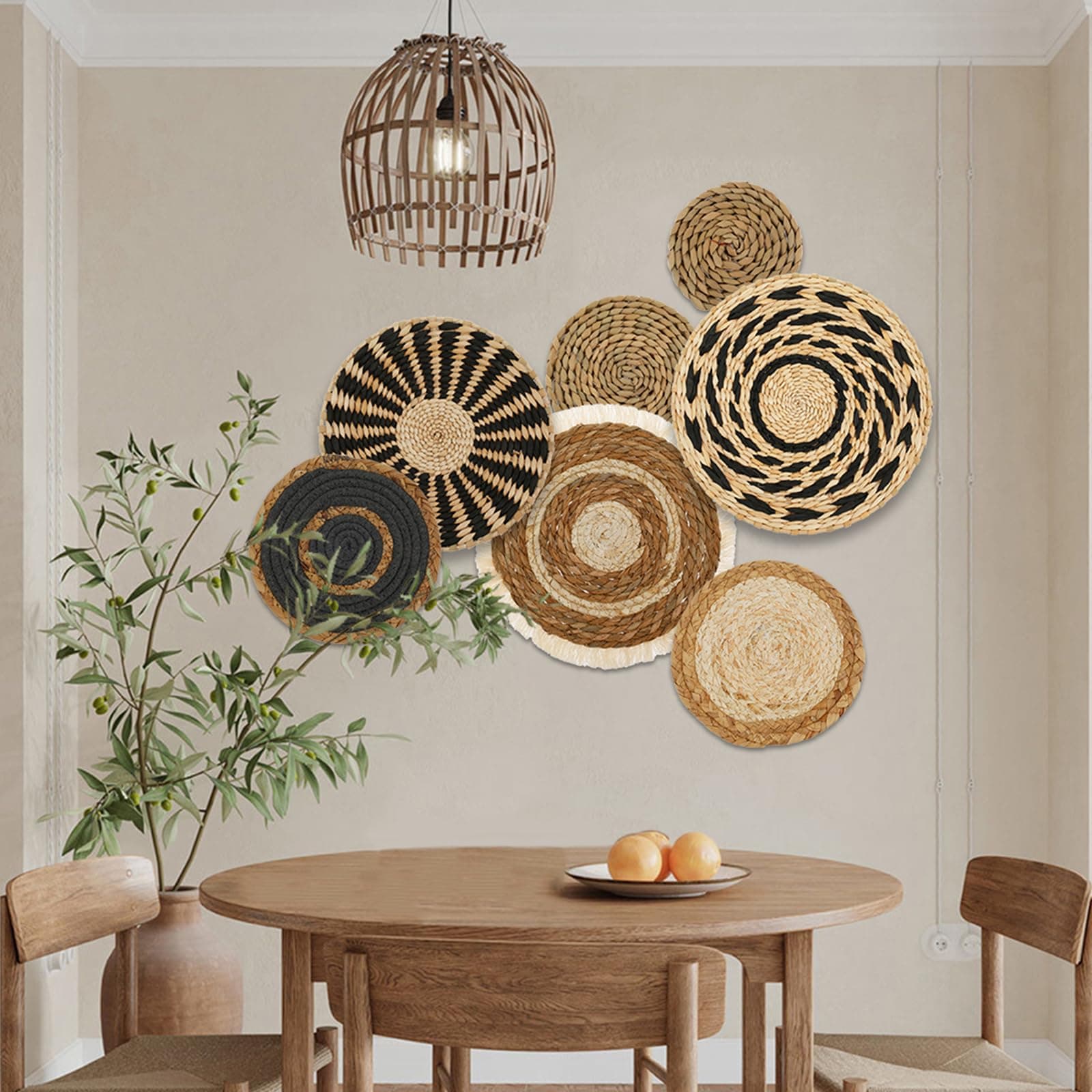 KTCINA 7 Pcs Boho Wall Basket Decor 5 Size Wall Hanging Wicker Basket Handmade Rattan Woven Wall Decor Round Rattan Wicker Wall Decor Hanging Woven Baskets for Living Room Bedroom (7Pcs)