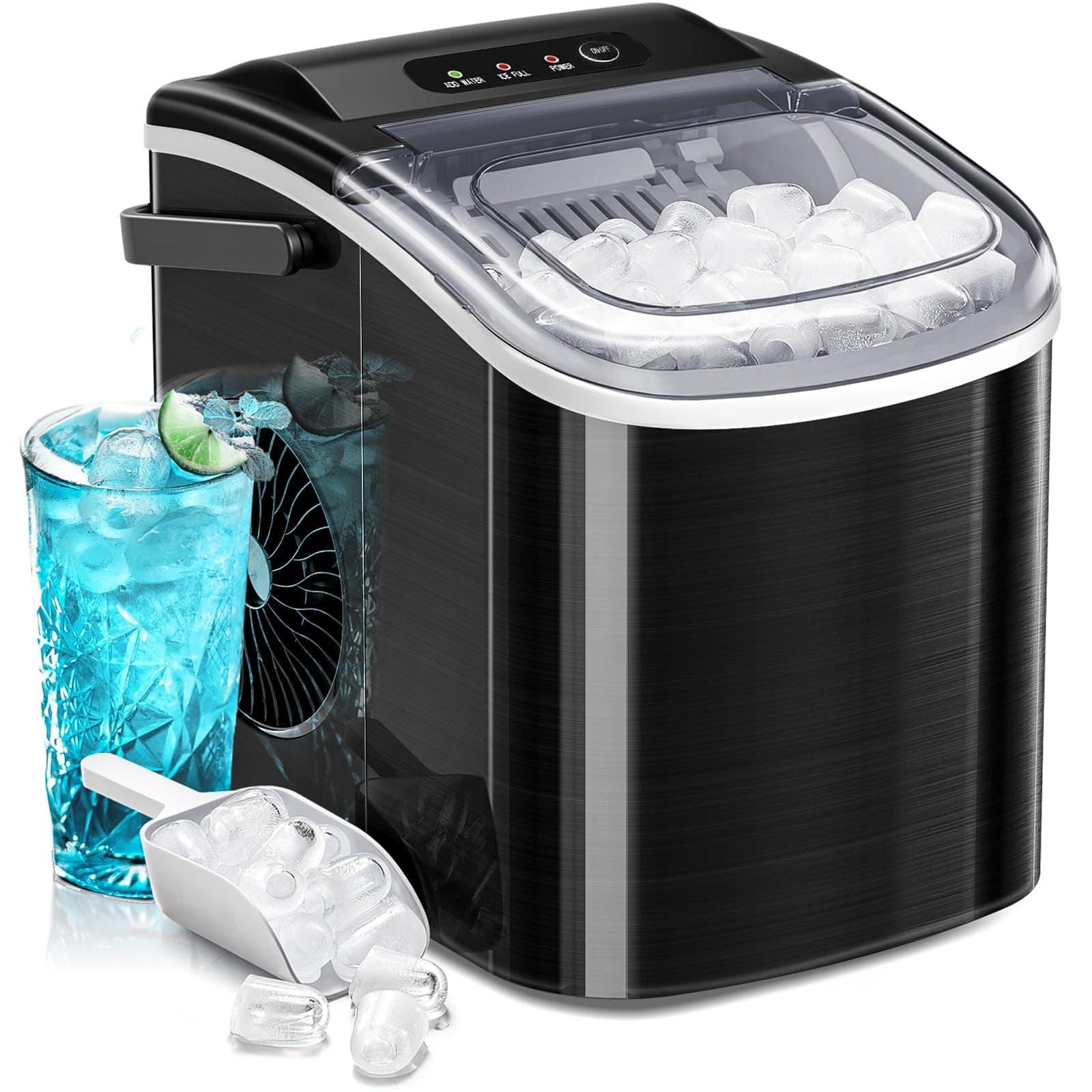 AGLUCKY Ice Makers Countertop, Portable Ice Maker Machine with Handle,26.5lbs/24Hrs, 6Mins/9Pcs Bullet Ice,Self-Cleaning Countertop Ice Maker with Ice Scoop for Home & Kitchen(Stainless Steels Black)