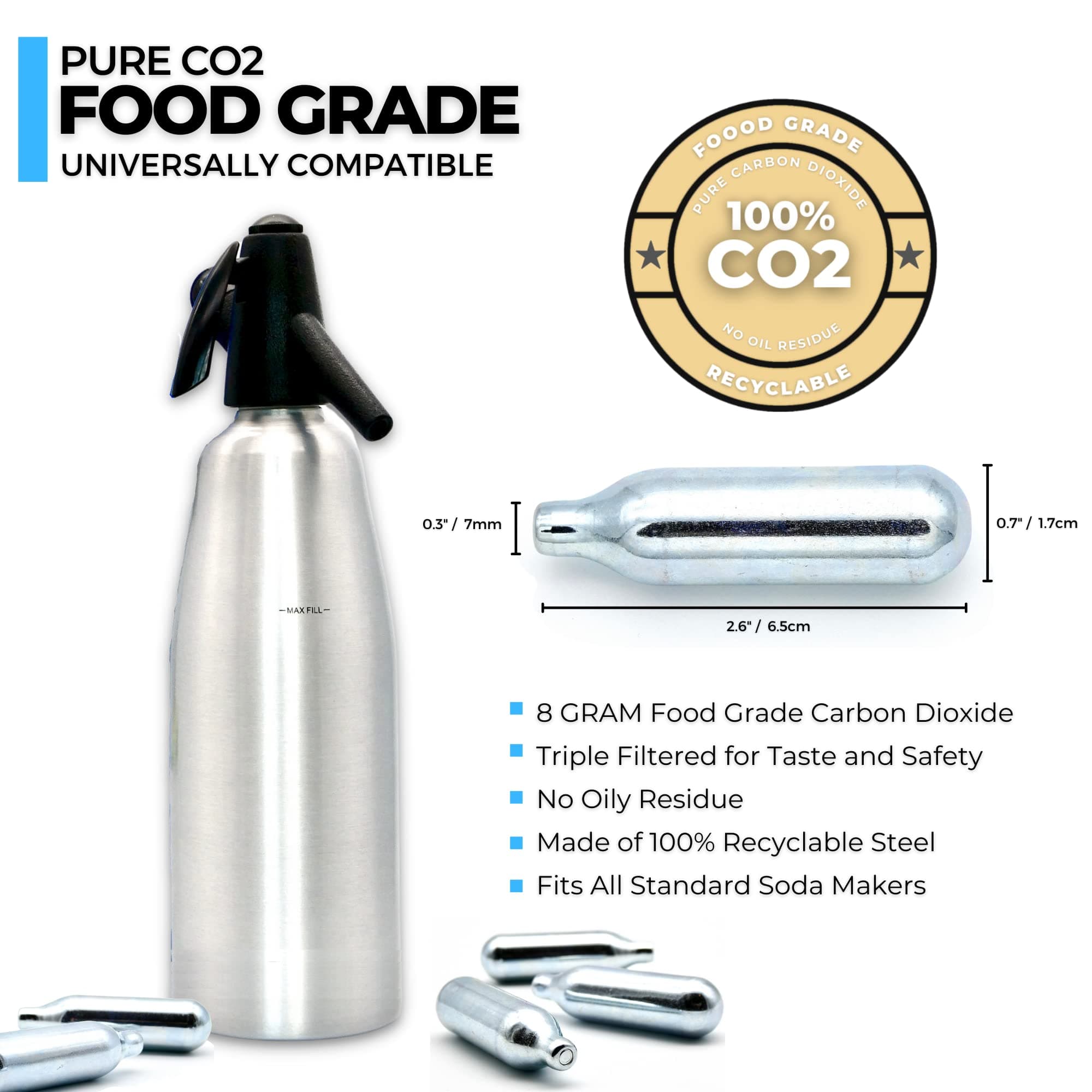 Impeccable Culinary Objects (ICO) Co2 Soda Chargers for Soda Siphons, 8g, Silver