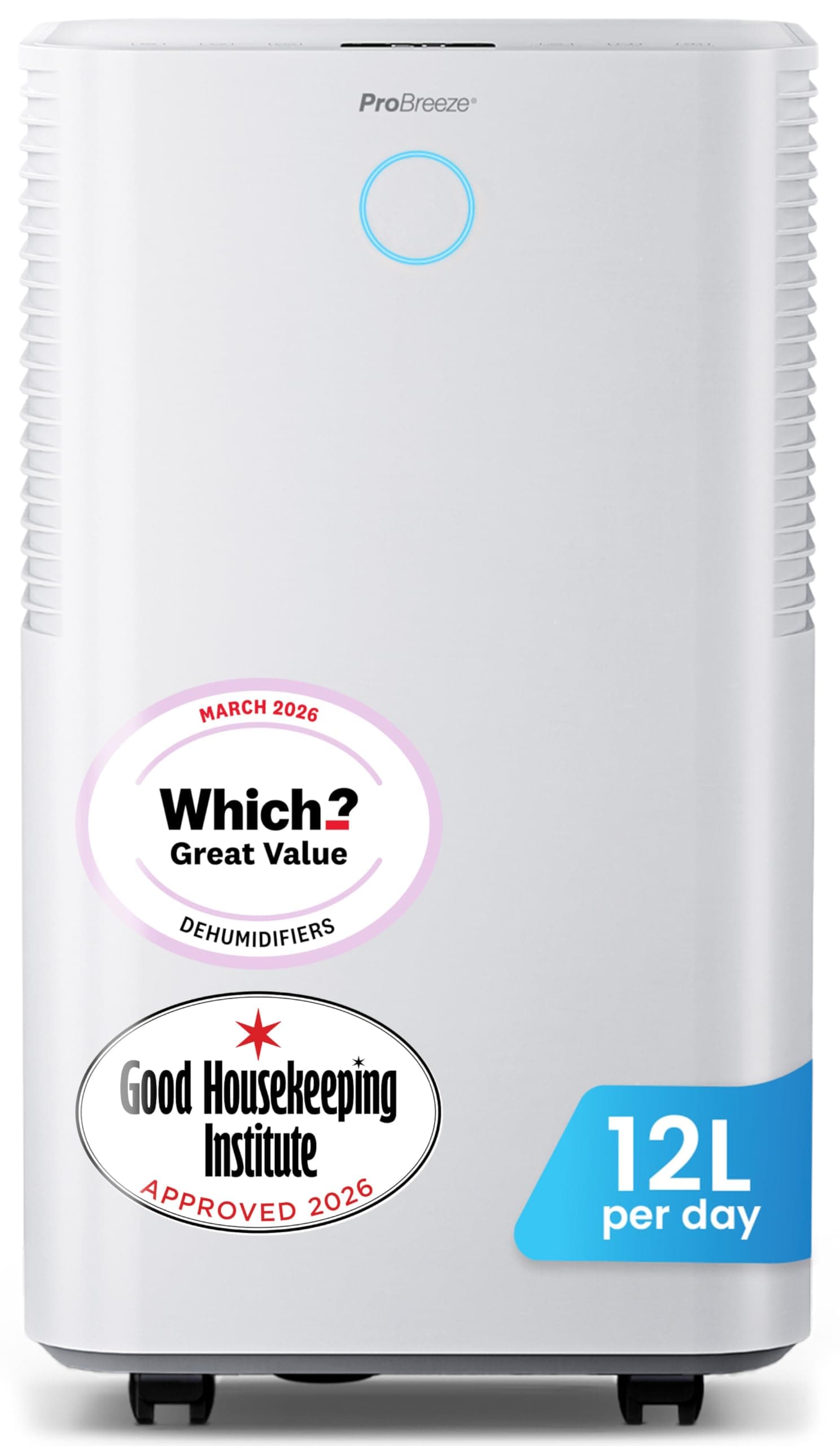 Pro Breeze® OmniDry 12L/Day Dehumidifier with Automatic Humidity Sensor & Display, 24Hr Timer, Laundry Drying, Continuous Drainage (White, 12 Litre)