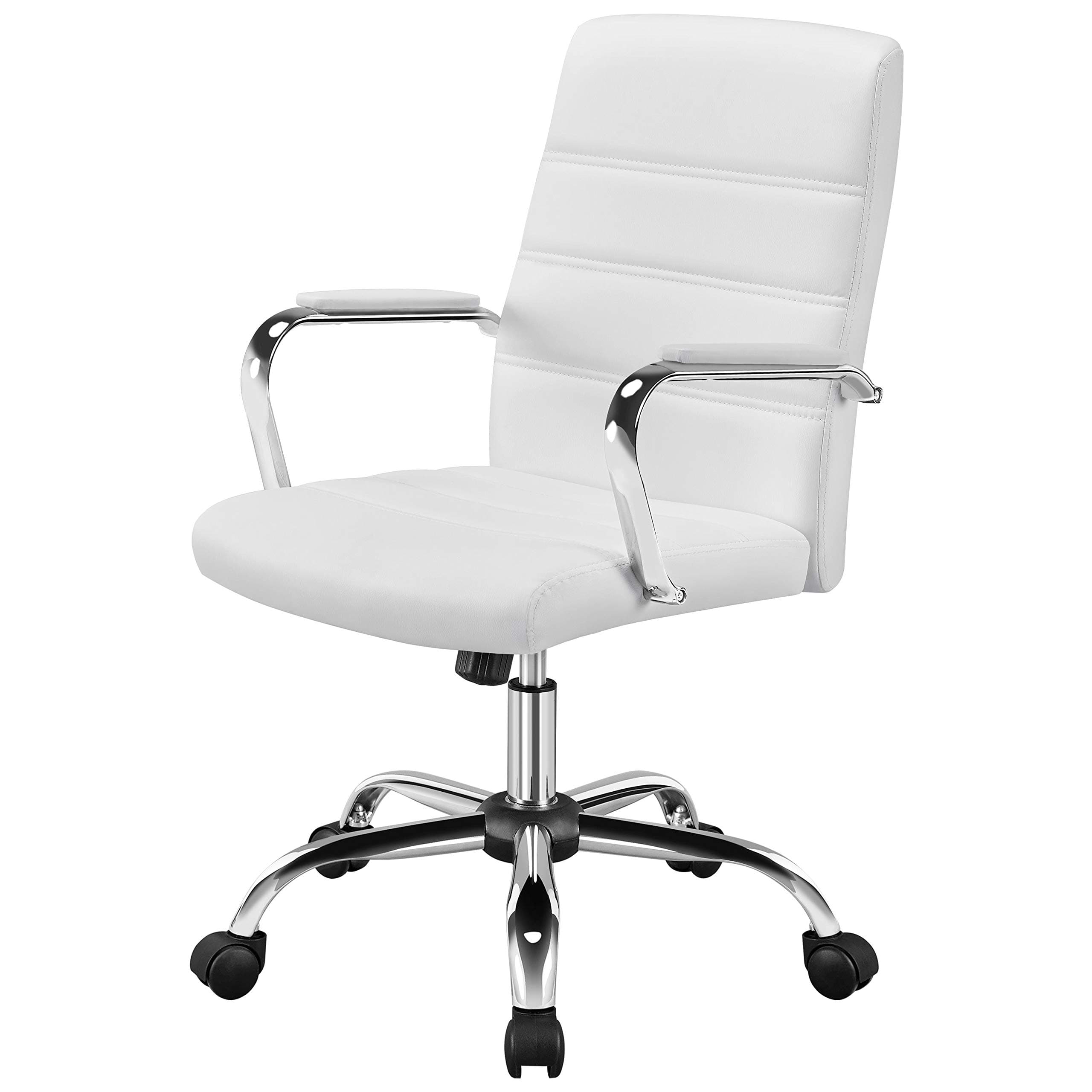 Office Desk Chair Mid-Back Leather Computer Chair Height Adjustable Ergonomic Executive Chair w/Lumbar Support Comfy Thick Padded Armrests and Seat, White