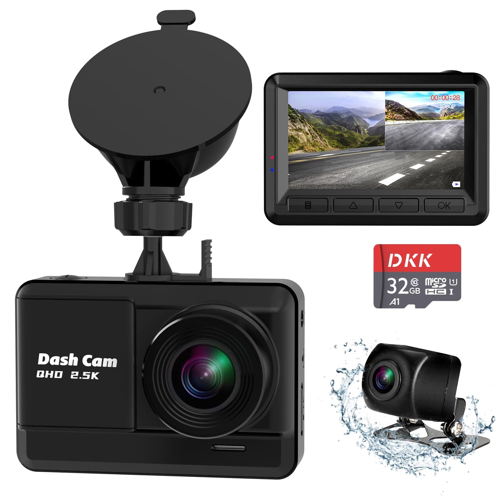 Dash Cam Front and Rear, 2.5K+1080P Dual Dash Camera for Cars with 32GB SD Card, 2.45 inch IPS Screen, 2 Mounting Ways, Night Vision, WDR, Accident Lock, Loop Recording, Parking Monitor