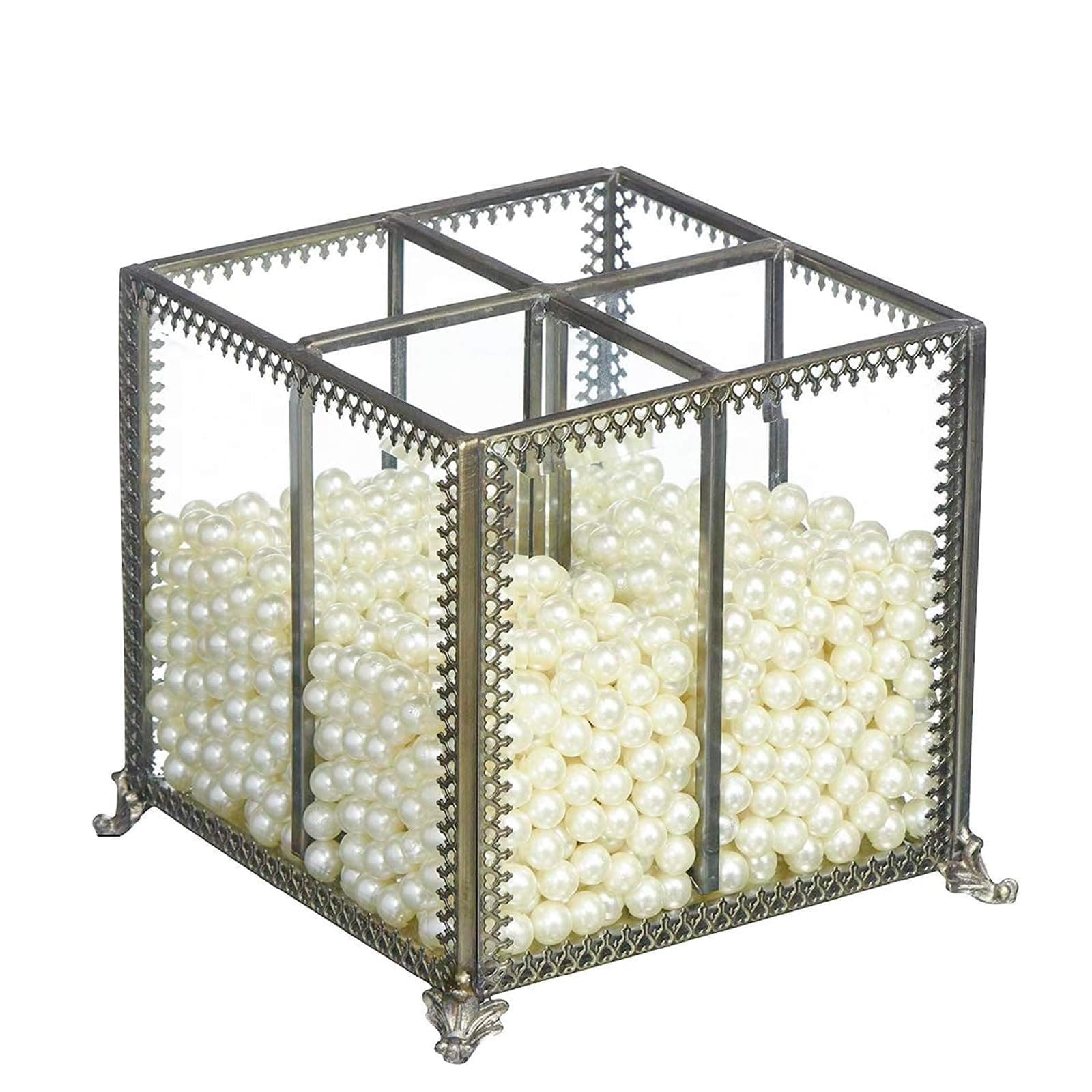 PuTwo Makeup Organizer Vintage 4 Sections Makeup Brushes Holder Make Up Storage with Free White Pearls
