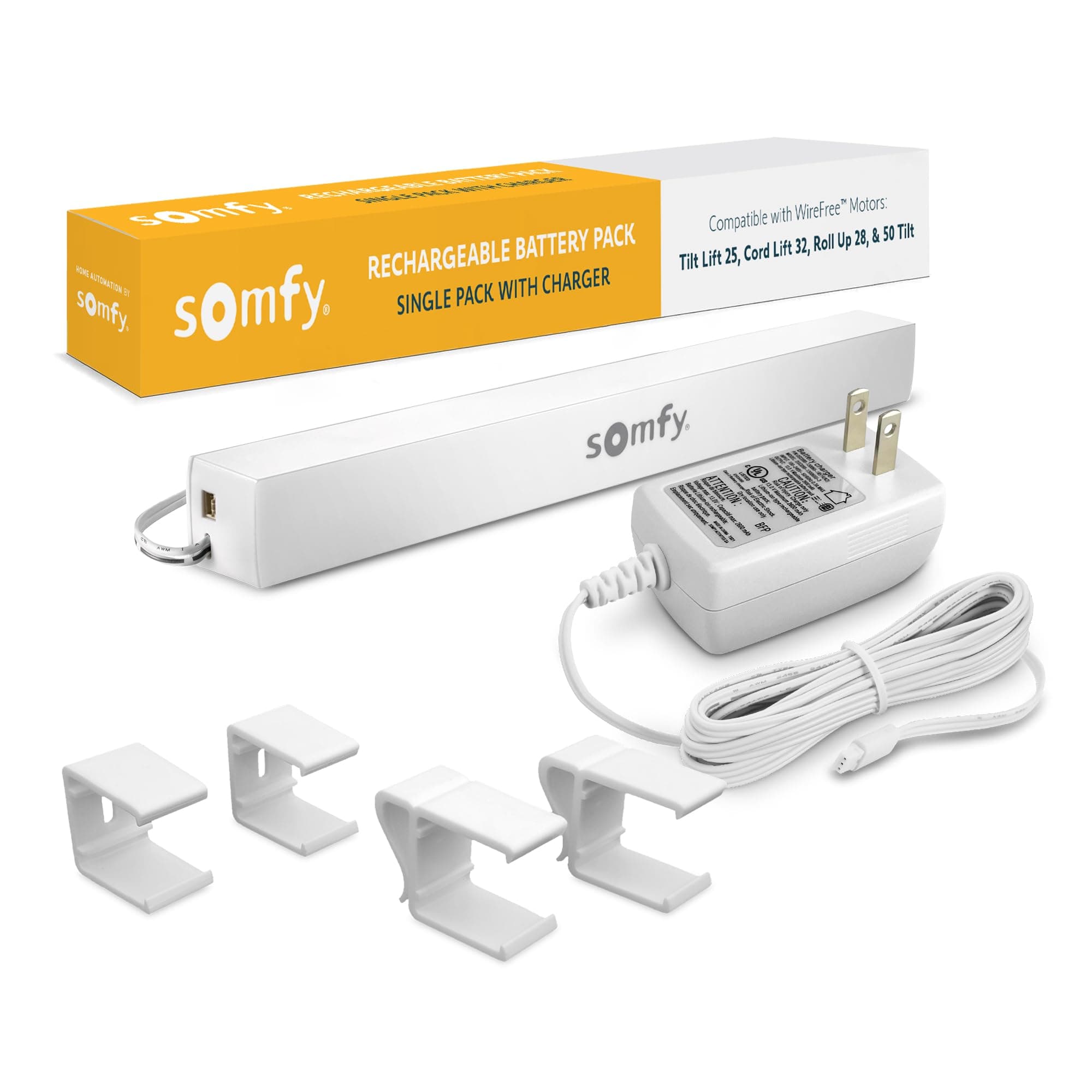 - somfy Rechargeable Battery Pack & Charger Bundle - Power Blinds, Shades, Curtains - Long-Lasting, Easy Install - Includes Wall Mount Clips - #9021217, #9025166