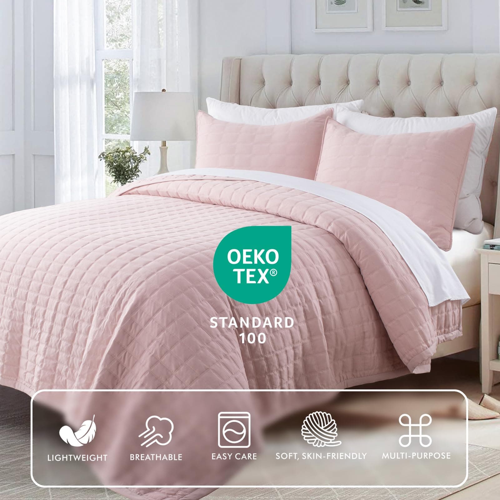Oversized King Quilt Set 112"x106" – Soft Washed 3-Layer Lightweight California King Bedspread, Minimalist Nordic Design, All-Season Spring & Summer Quilt Set (1 Quilt + 2 Pillow Shams), Blush Pink
