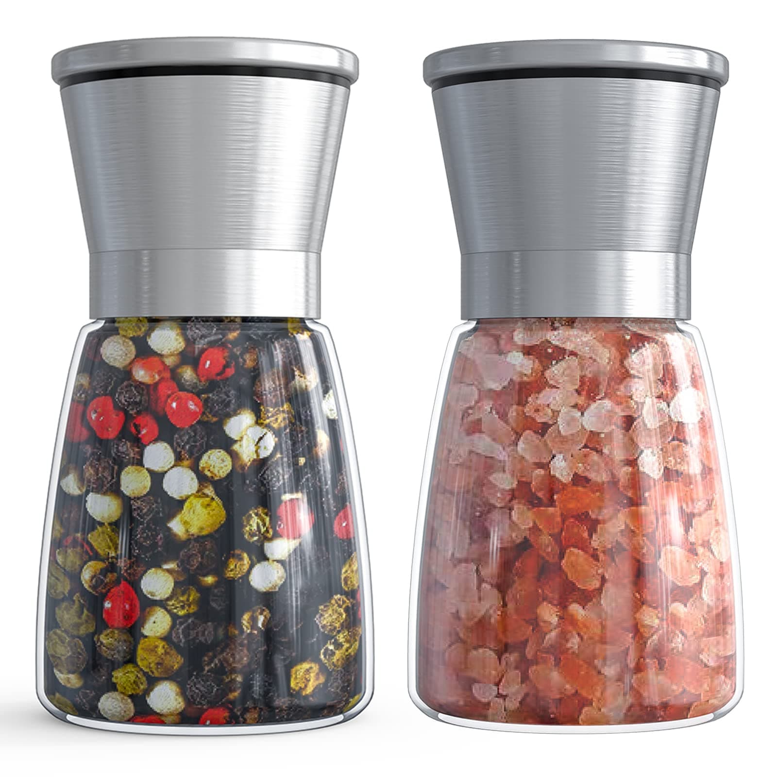 Salt and Pepper Grinder Set - Refillable Grinder Adjustable Coarseness of Pepper Salt Spice Stainless Steel Mills Glass 6oz(2 Pack)