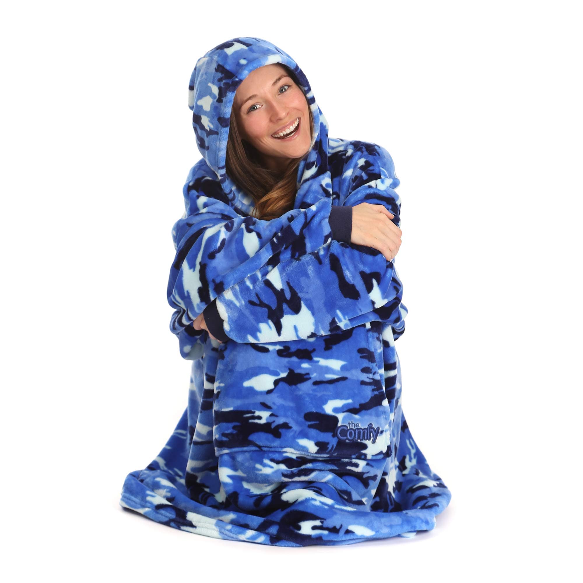 THE COMFY DREAM | Oversized Light Microfiber Wearable Blanket, One Size Fits All, Shark Tank (Blue Camo)