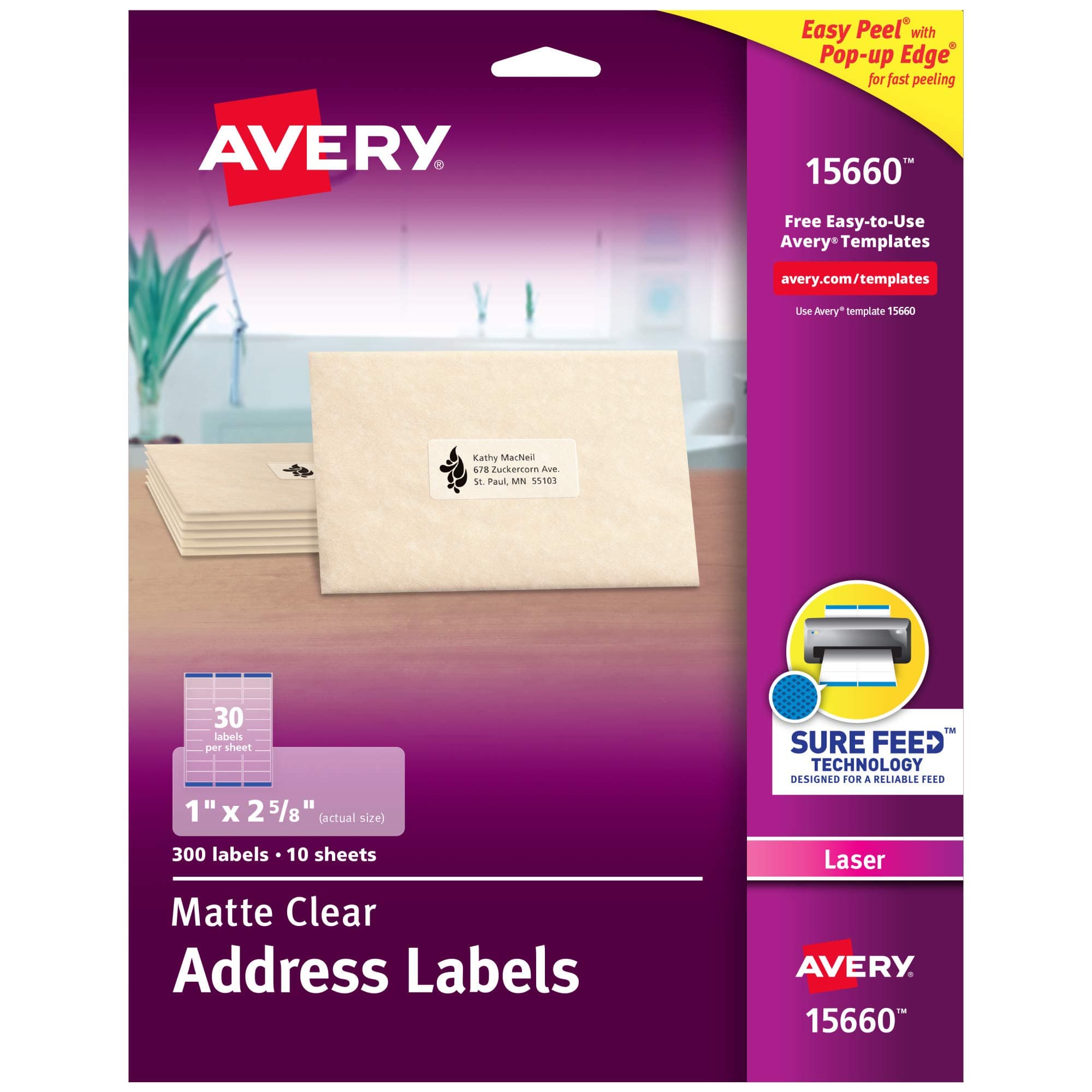 - Avery Printable Address Labels for Laser Printers, 1" x 2-5/8", Matte Clear, 300 Blank Mailing Labels (15660)