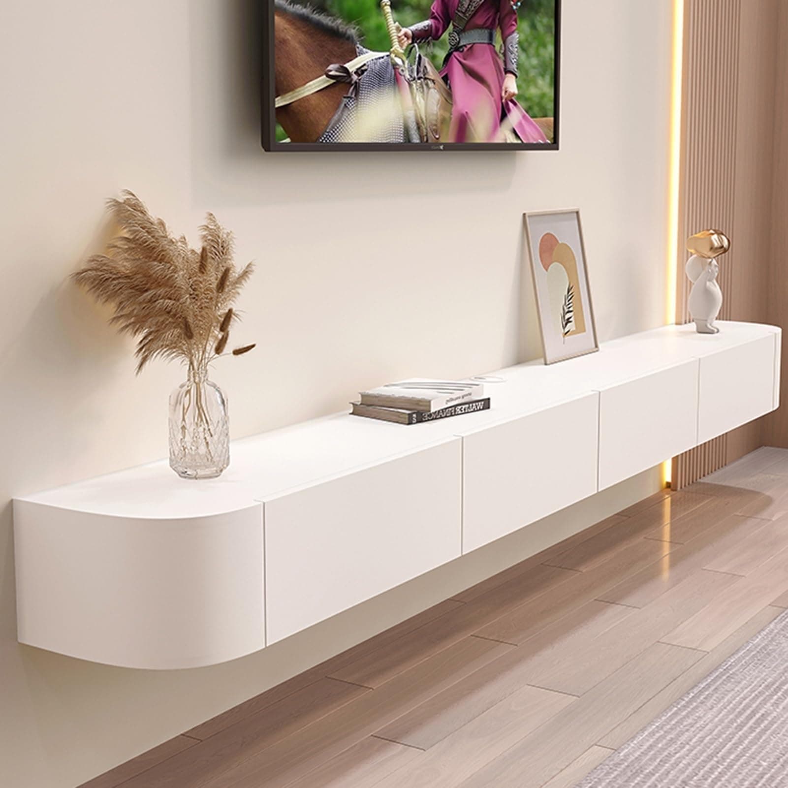Modern Wall Mounted Floating TV Stand, Entertainment Unit, TV Console with Doors Drawers for Living Room, Bedroom (White, 200cm)