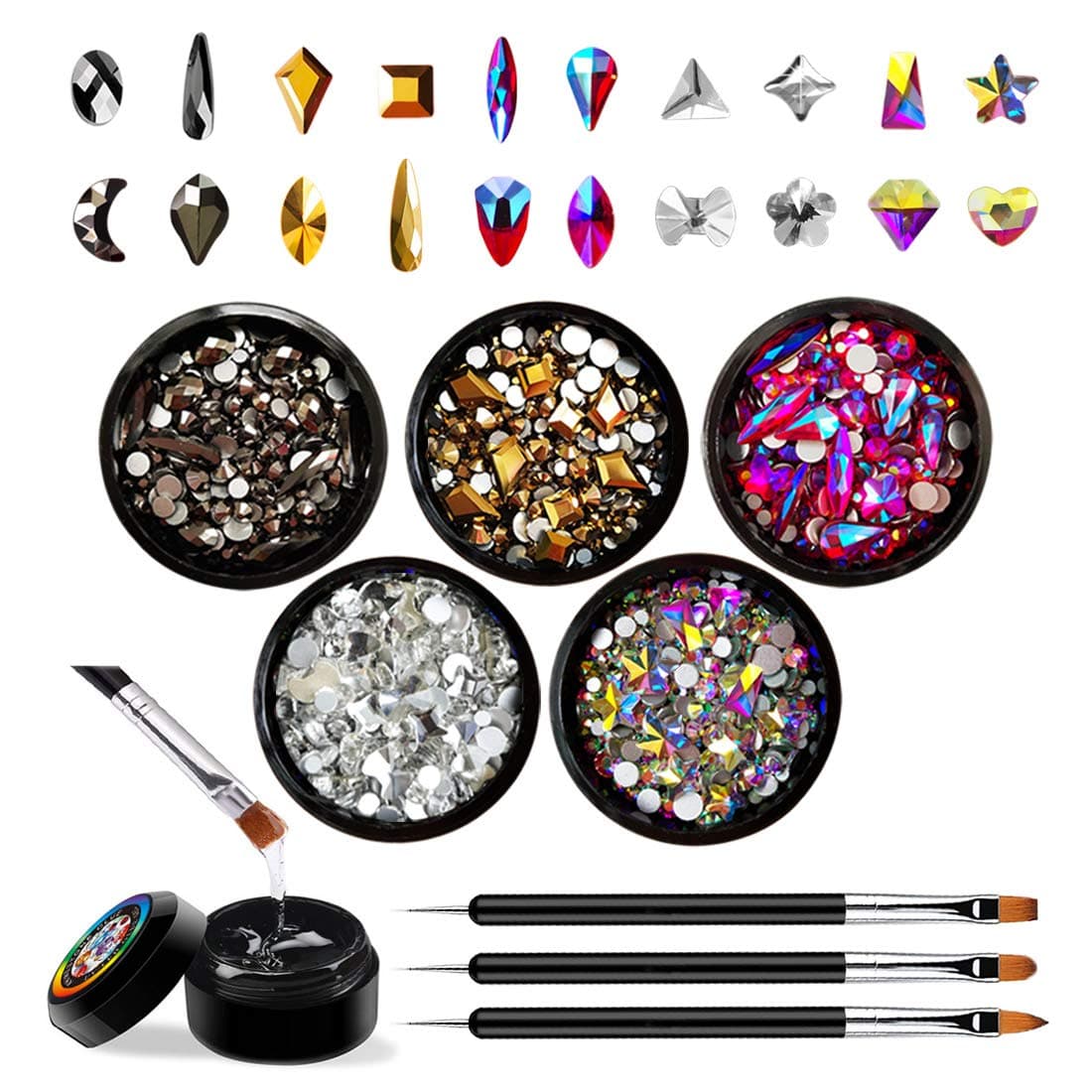 Nail Art Rhinestones Set with Glue and Tools, Mixed Flatback Crystal Rhinestones with 5 Colors (100 Pcs Colorful Crystals + Multiple Round Rhinestones), 8ml Adhesive Resin Gel and 3Pcs Brush