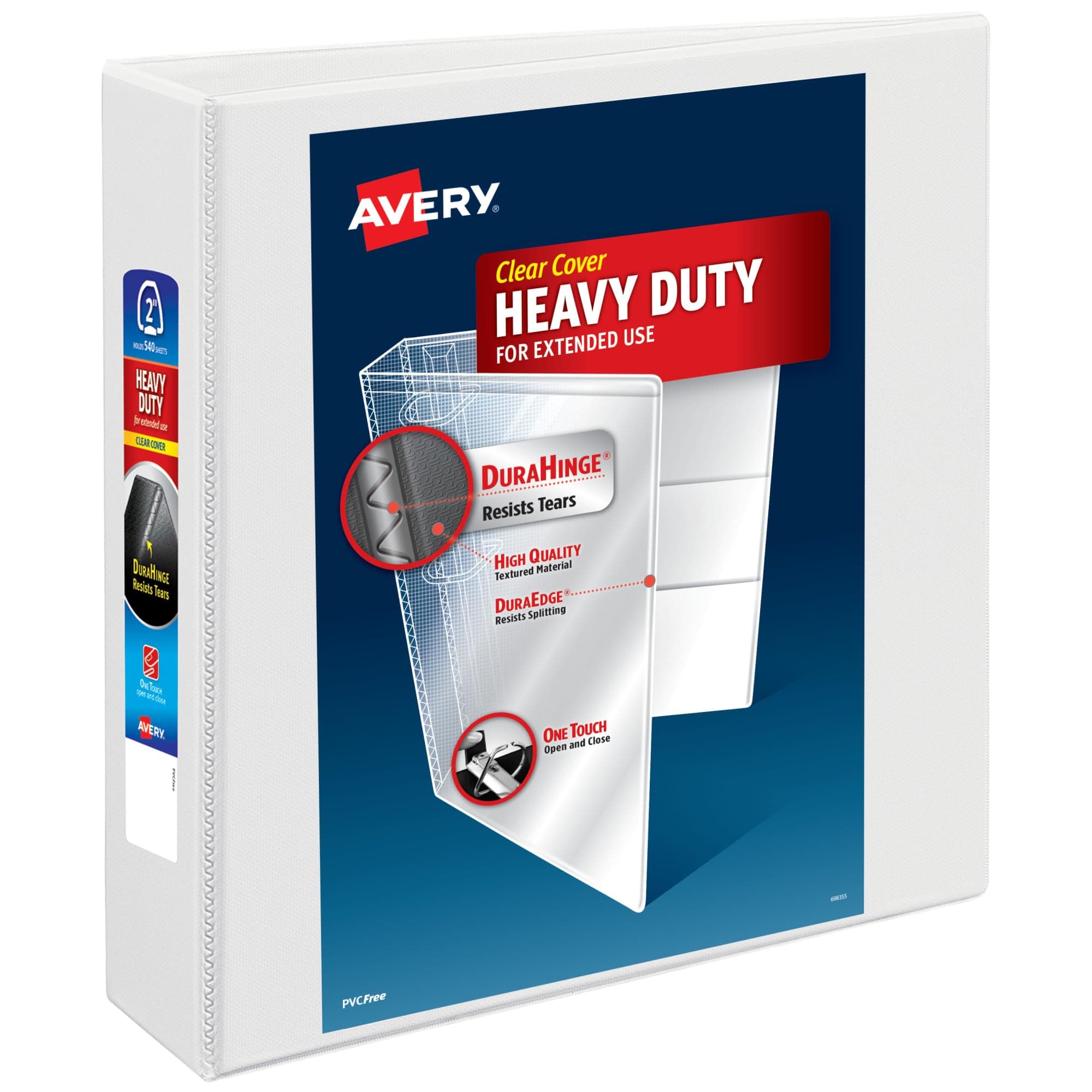 Avery Heavy-Duty View 3 Ring Binder, 2" One Touch EZD Rings, 540-Sheet Capacity, 2.8 Inch Wide Spine, Great for Home, School Supplies, Office, or Organization Needs, 1 White Binder (79192)