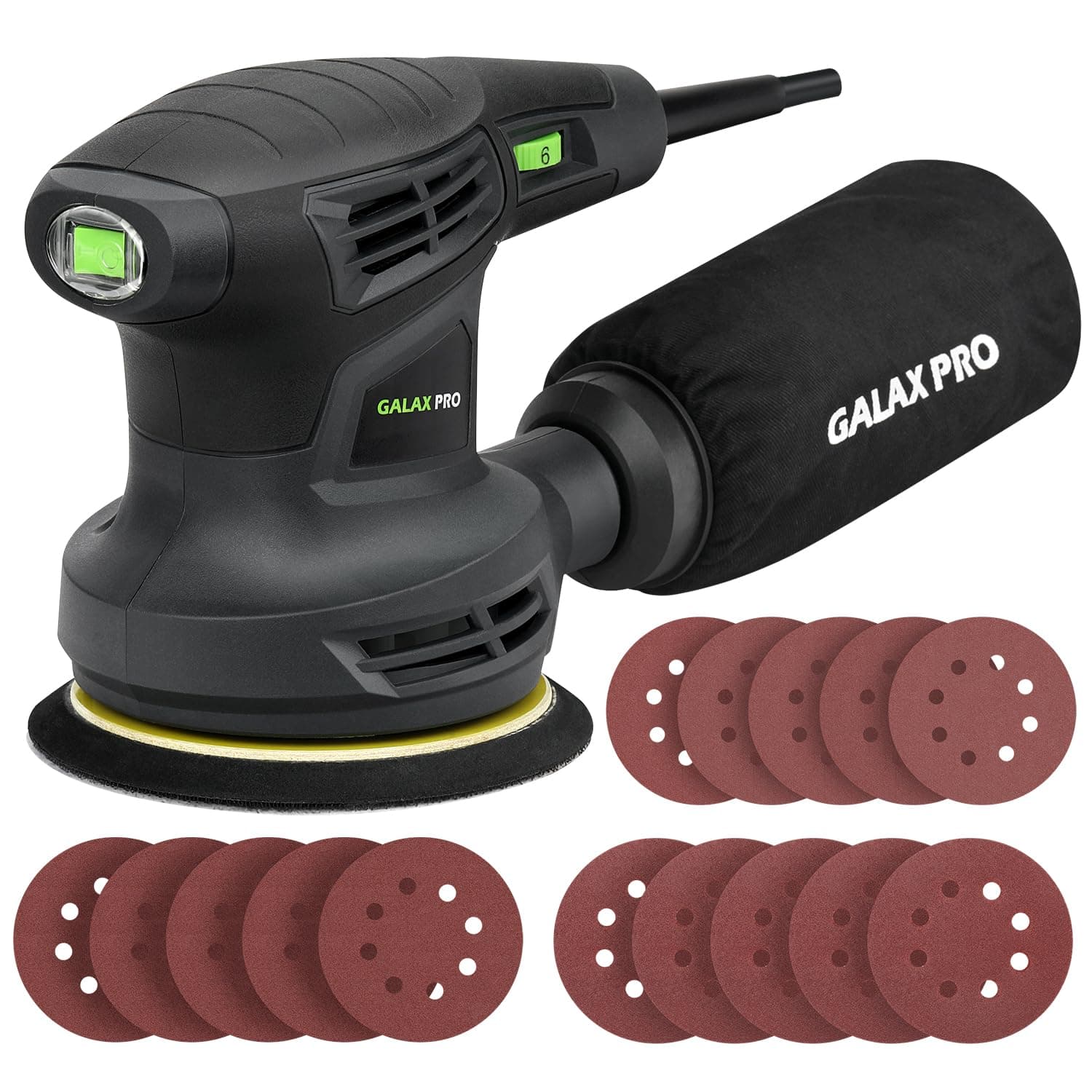 GALAX PRO Orbital Sander,280W 13000 OPM Random-Orbit Sanders 6 Variable Speeds with 15Pcs Sanding Discs 125mm, Electric Sander with Dust Collector for Sanding and Polishing
