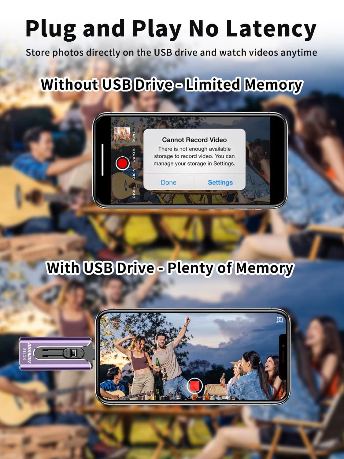 AUAMOZ 512GB Flash Drives Intended for iPhone, Memory Stick Storage for Photos and Videos Backup, Compatible with iPhone iPad Android PC, Plug and Play, No Application Required (Light Purple)